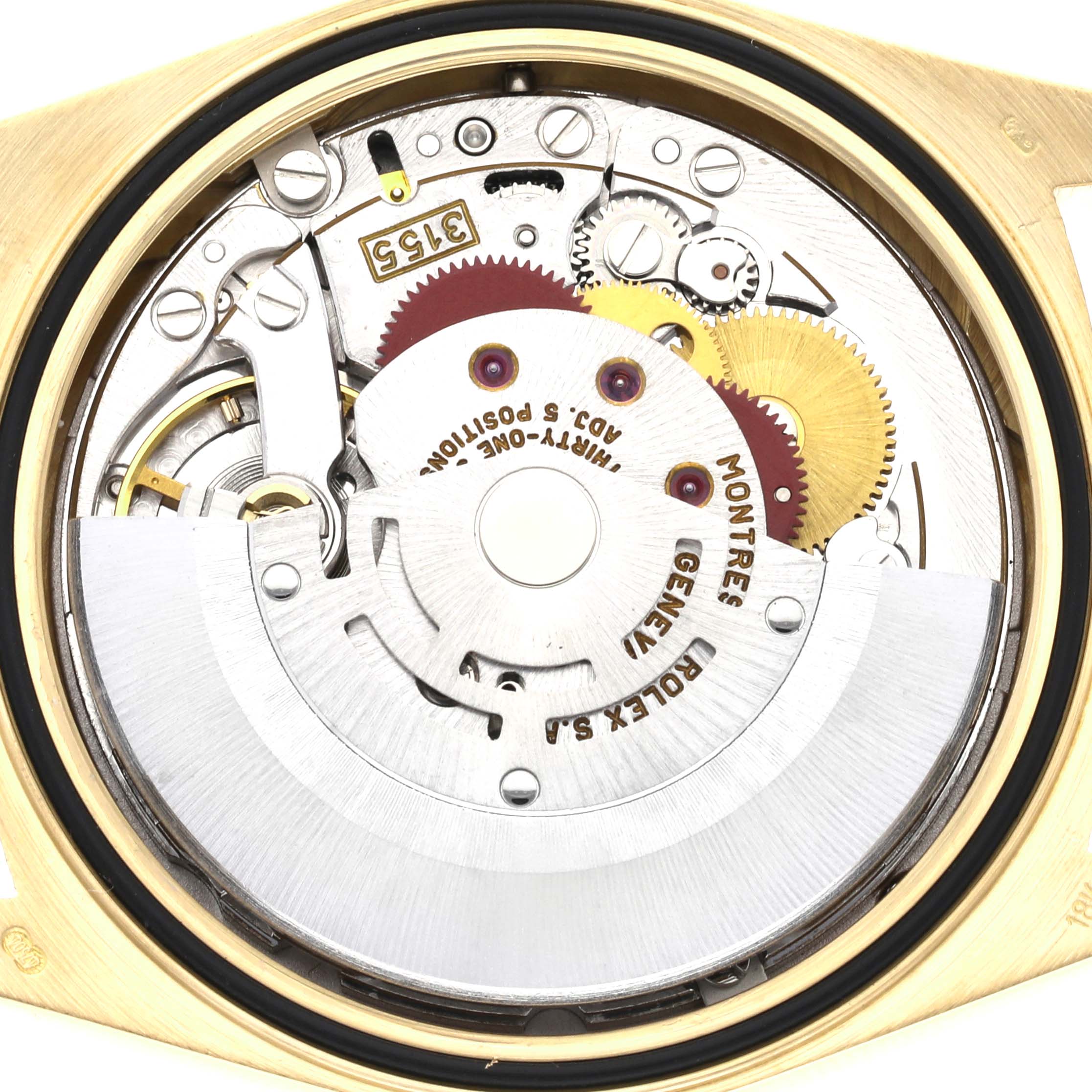 This image shows the internal movement mechanism of a Rolex President 18238 Men
s Yellow Gold Champagne Dial 18238 Men
s Yellow Gold Champagne Dial model watch from a direct top-down angle.
