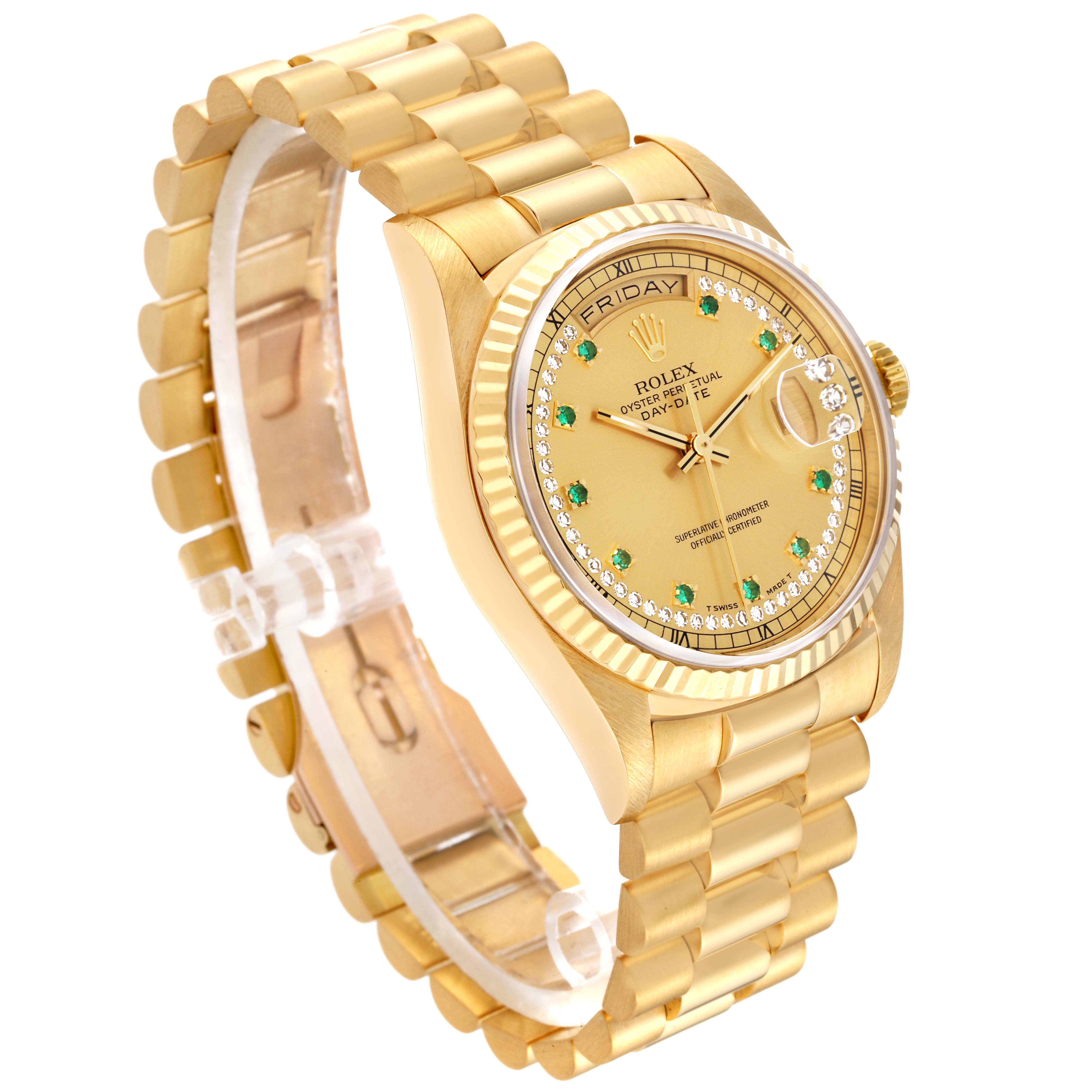 The image shows a Rolex President 18238 Men
s Yellow Gold Champagne Dial 18238 Men
s Yellow Gold Champagne Dial model watch, viewed at an angled side perspective, displaying the gold bracelet, dial, and bezel.