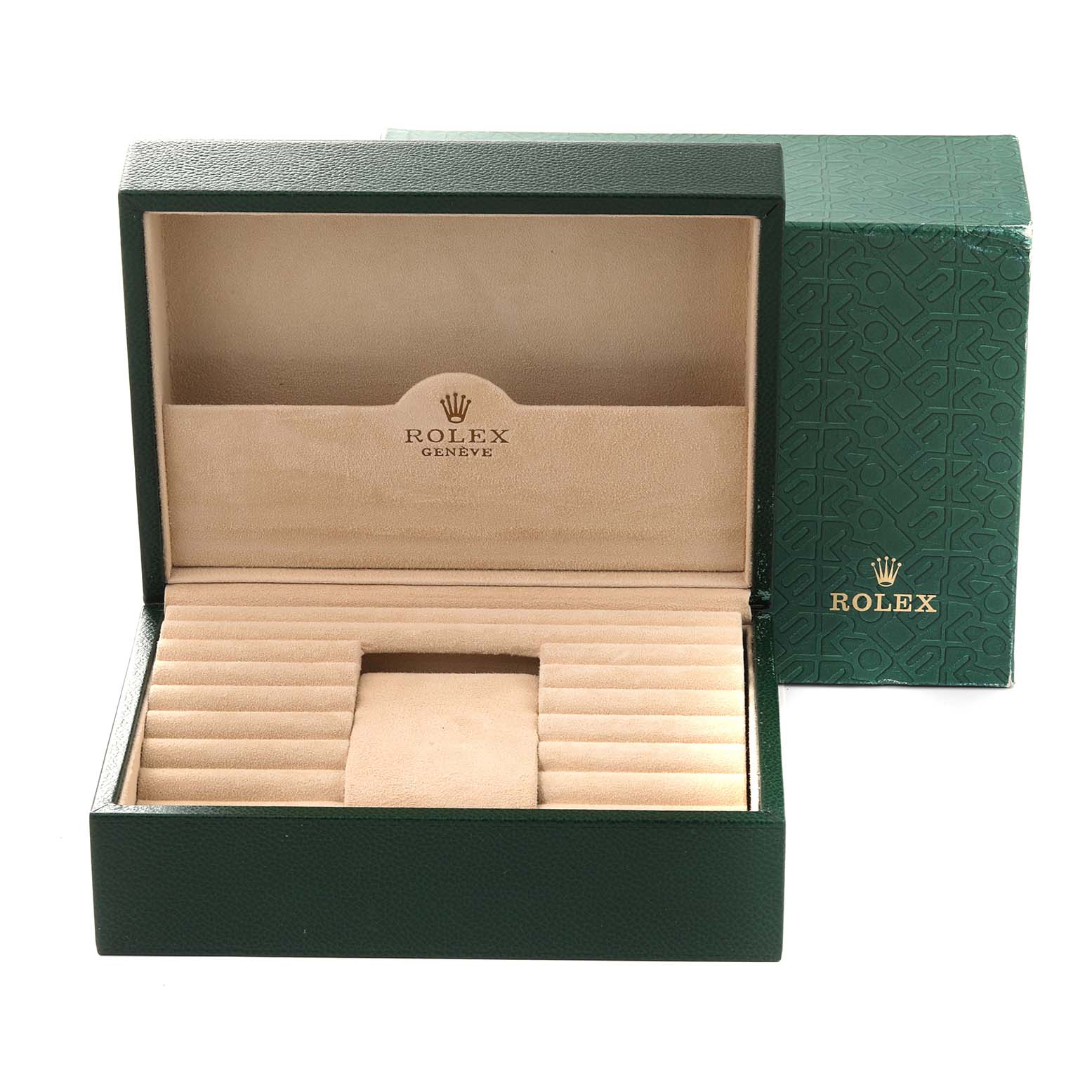 The image shows an open Rolex President 18238 Men
s Yellow Gold Champagne Dial 18238 Men
s Yellow Gold Champagne Dial model watch box and its green outer packaging.