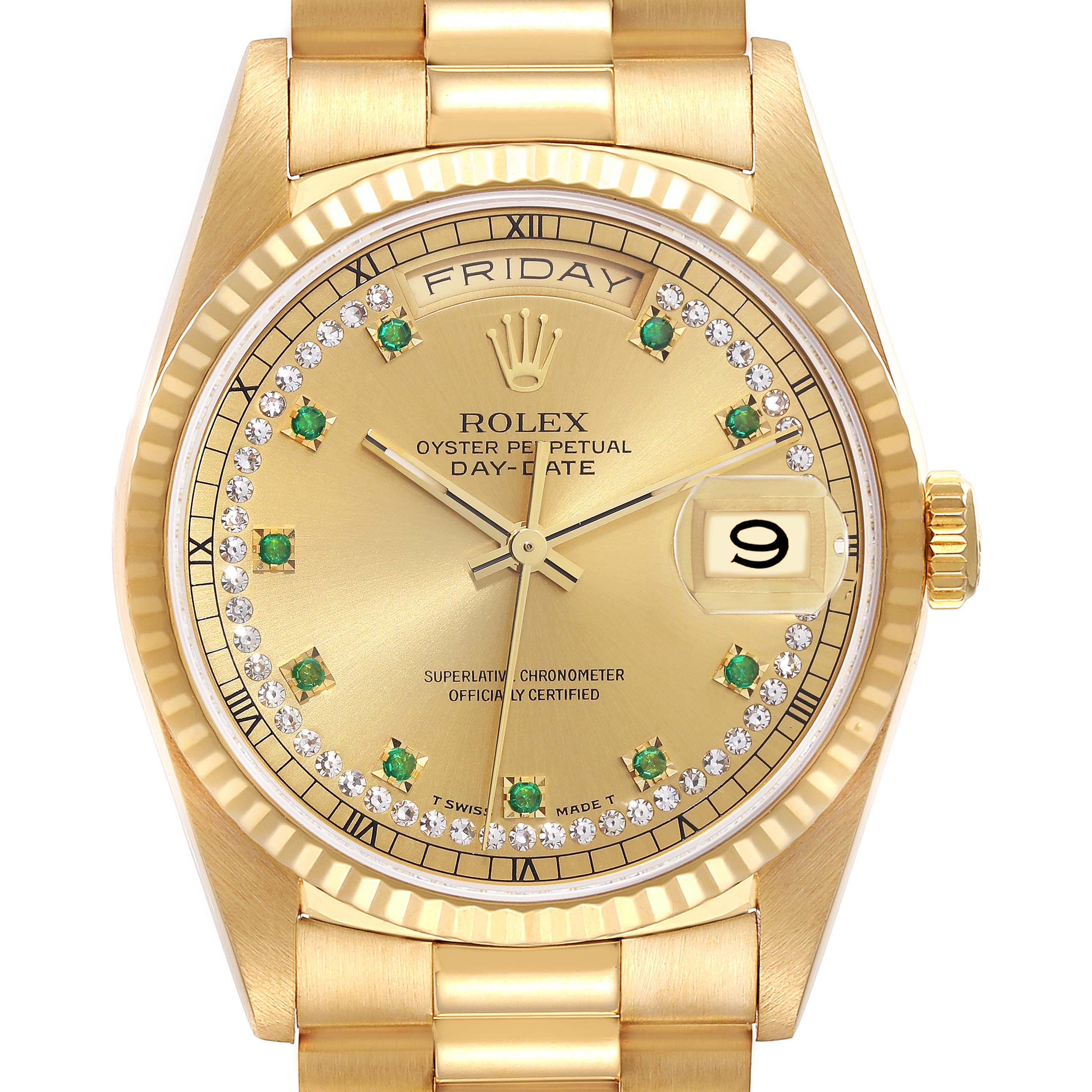 The image shows a front view of the dial and part of the bracelet of a Rolex President 18238 Men
s Yellow Gold Champagne Dial 18238 Men
s Yellow Gold Champagne Dial model watch.