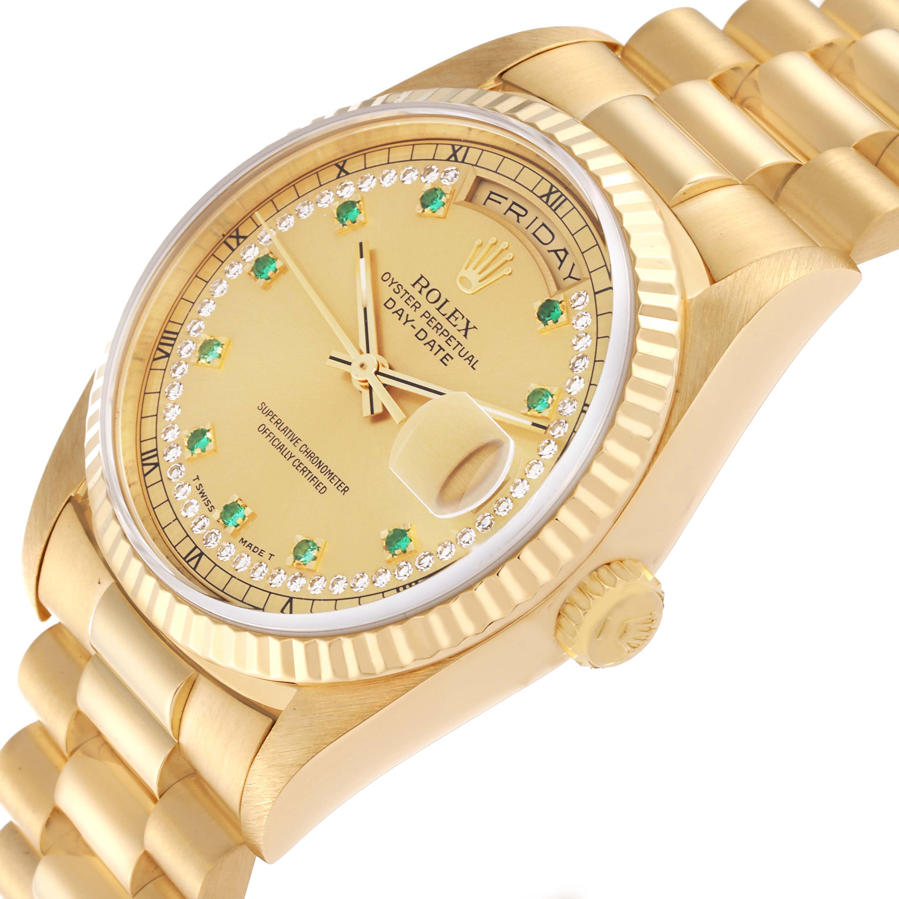 The image shows a Rolex President 18238 Men
s Yellow Gold Champagne Dial 18238 Men
s Yellow Gold Champagne Dial model watch from an oblique angle, highlighting its gold case, dial, bracelet, and crown.