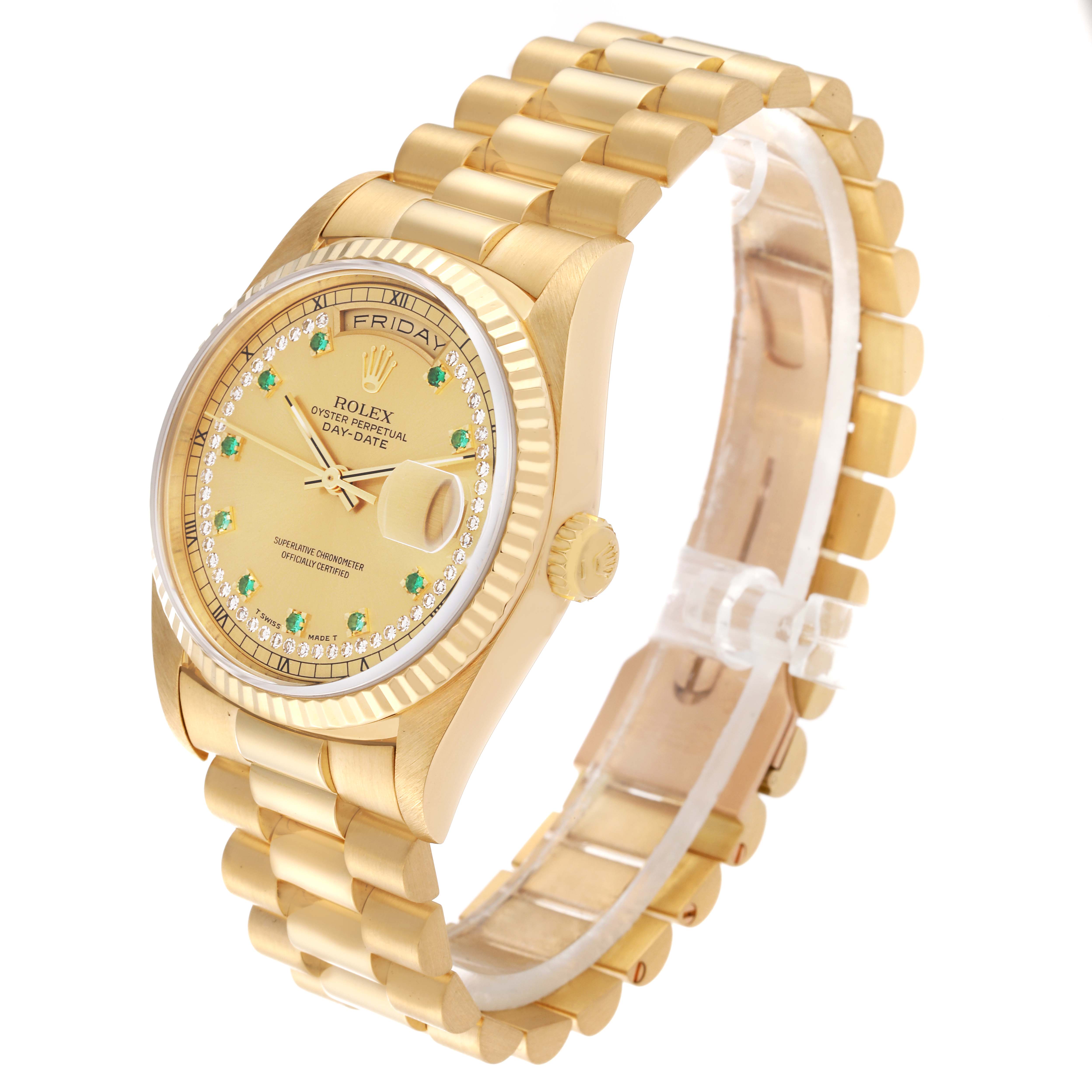 This Rolex President 18238 Men
s Yellow Gold Champagne Dial 18238 Men
s Yellow Gold Champagne Dial model watch is shown at a three-quarter angle, highlighting the dial, bracelet, crown, and day-date display.