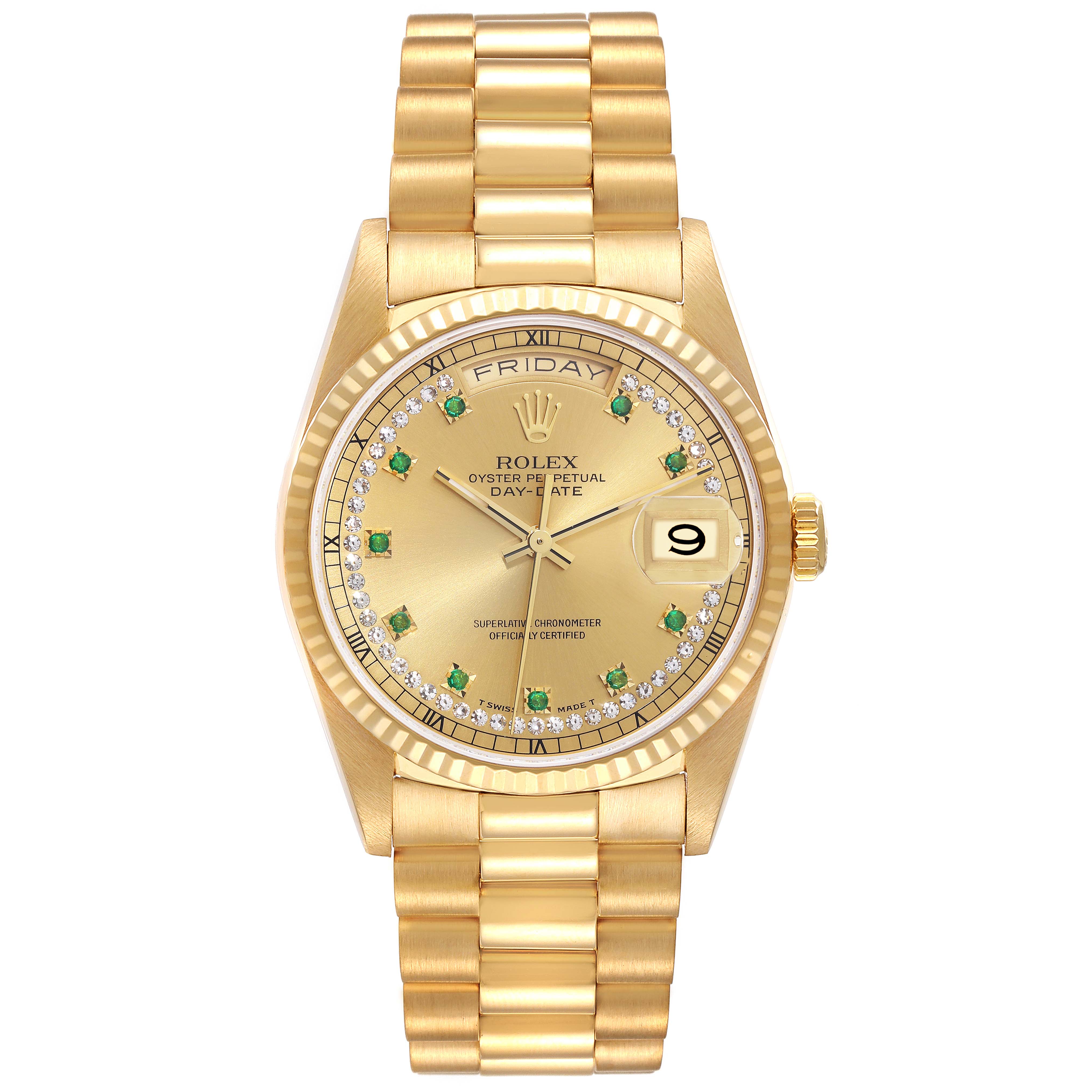 The image shows a front view of a Rolex President 18238 Men
s Yellow Gold Champagne Dial 18238 Men
s Yellow Gold Champagne Dial model watch, highlighting its gold bracelet, dial, day and date features.