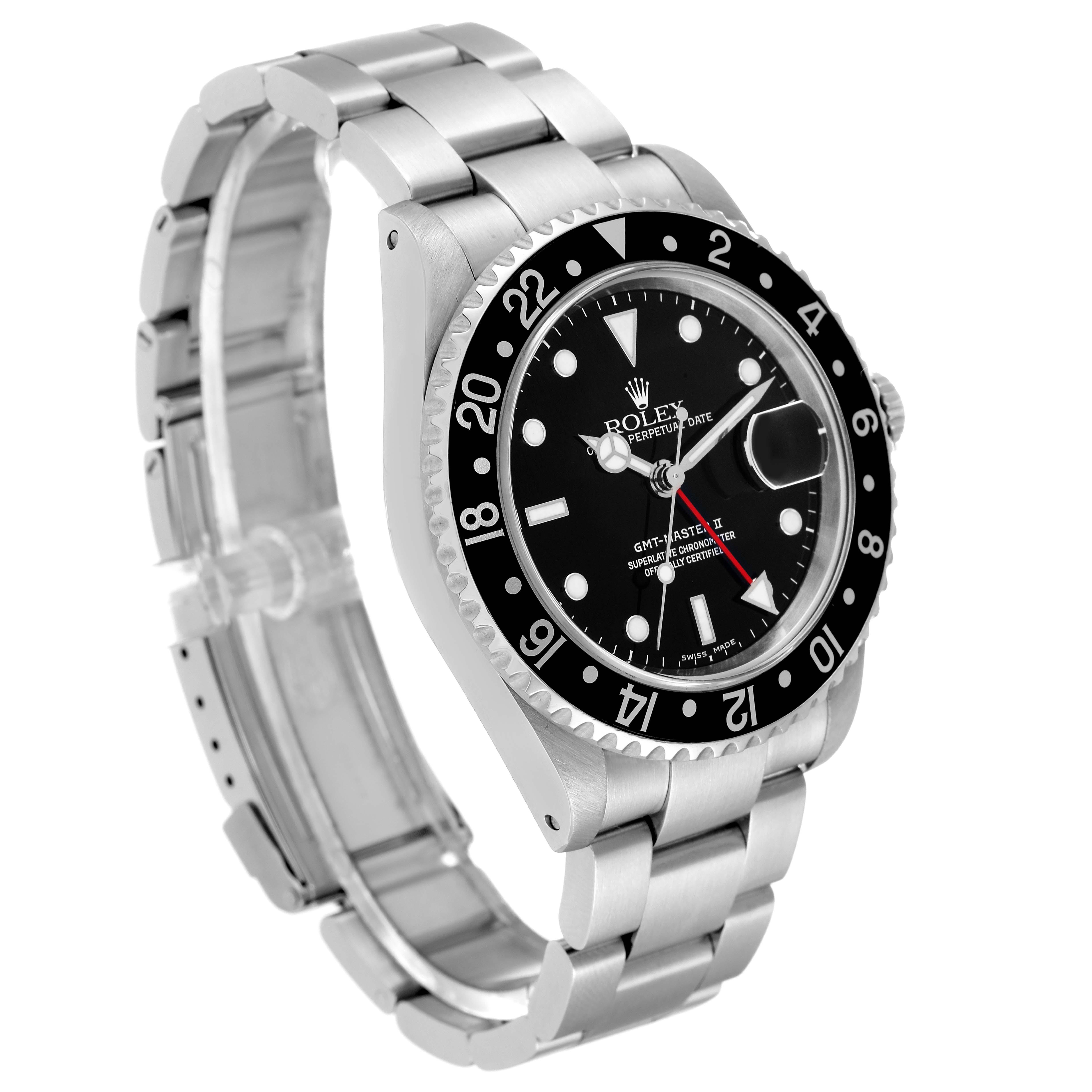 The image shows a side angle of a Rolex GMT-Master 16710 Men
s Stainless Steel Black Dial 16710 Men
s Stainless Steel Black Dial watch, highlighting the bracelet, bezel, and dial.