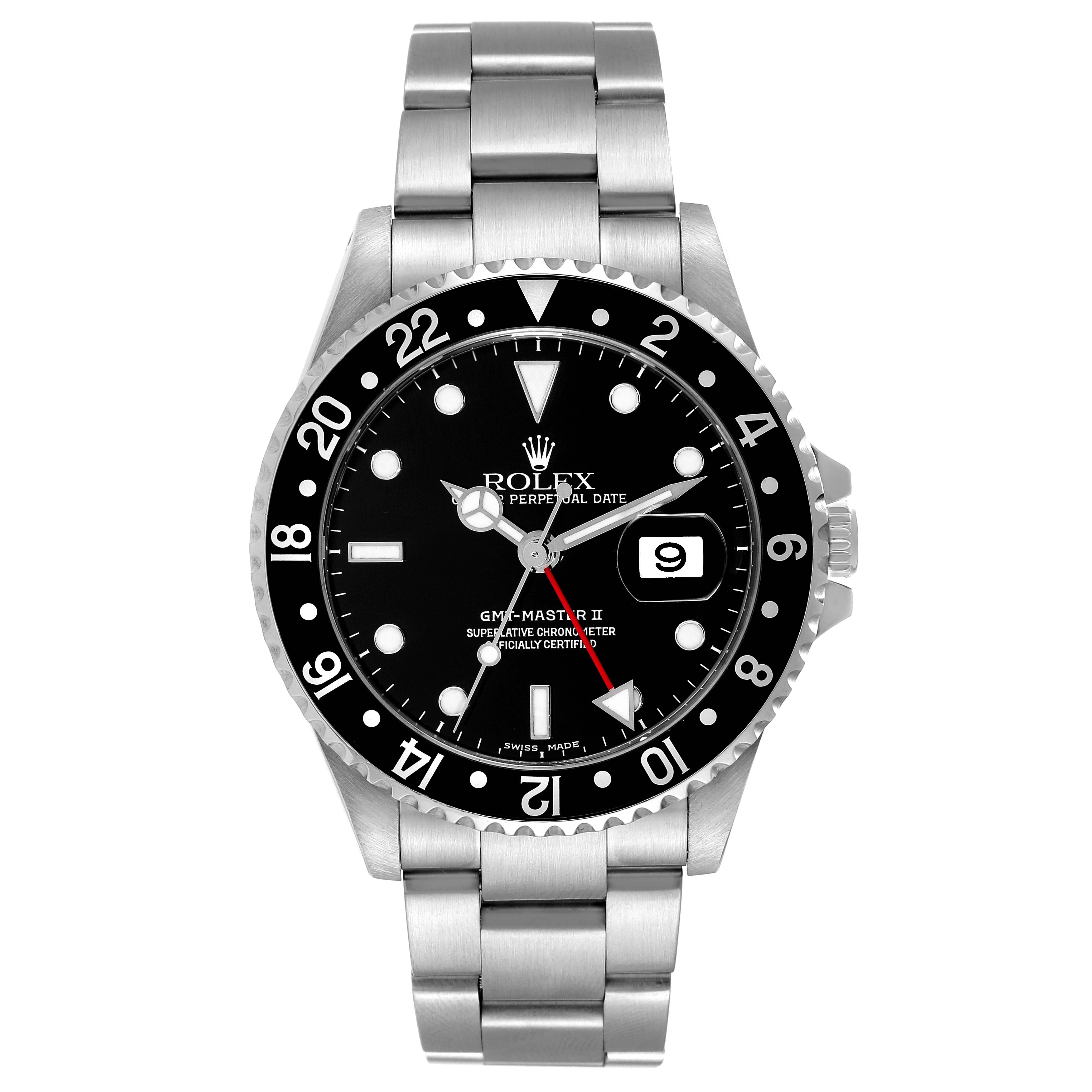This image shows a frontal view of a Rolex GMT-Master 16710 Men
s Stainless Steel Black Dial 16710 Men
s Stainless Steel Black Dial II watch featuring the face, bezel, and bracelet.