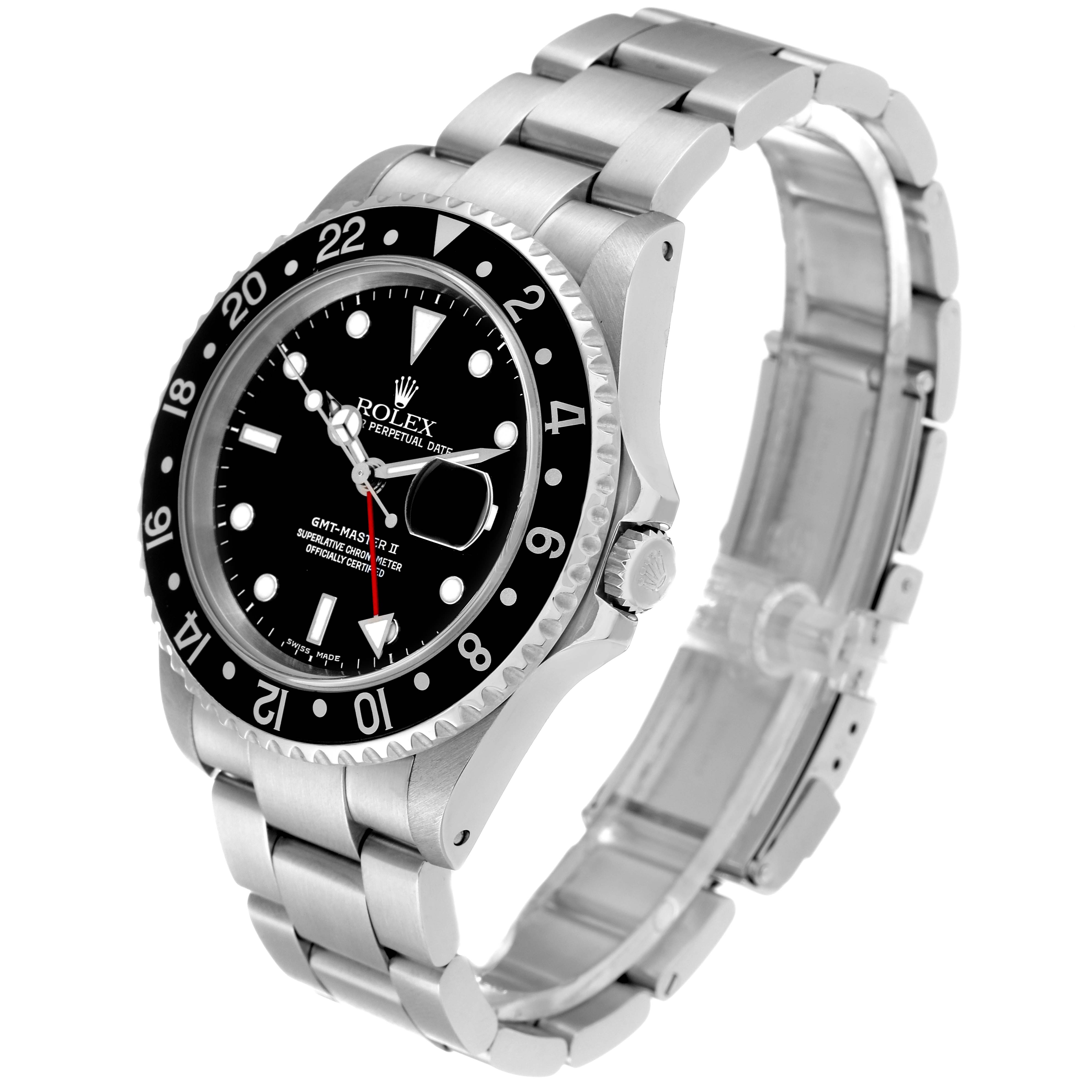 This image shows a Rolex GMT-Master 16710 Men
s Stainless Steel Black Dial 16710 Men
s Stainless Steel Black Dial II watch from a top-front angle highlighting the face, bezel, and bracelet.