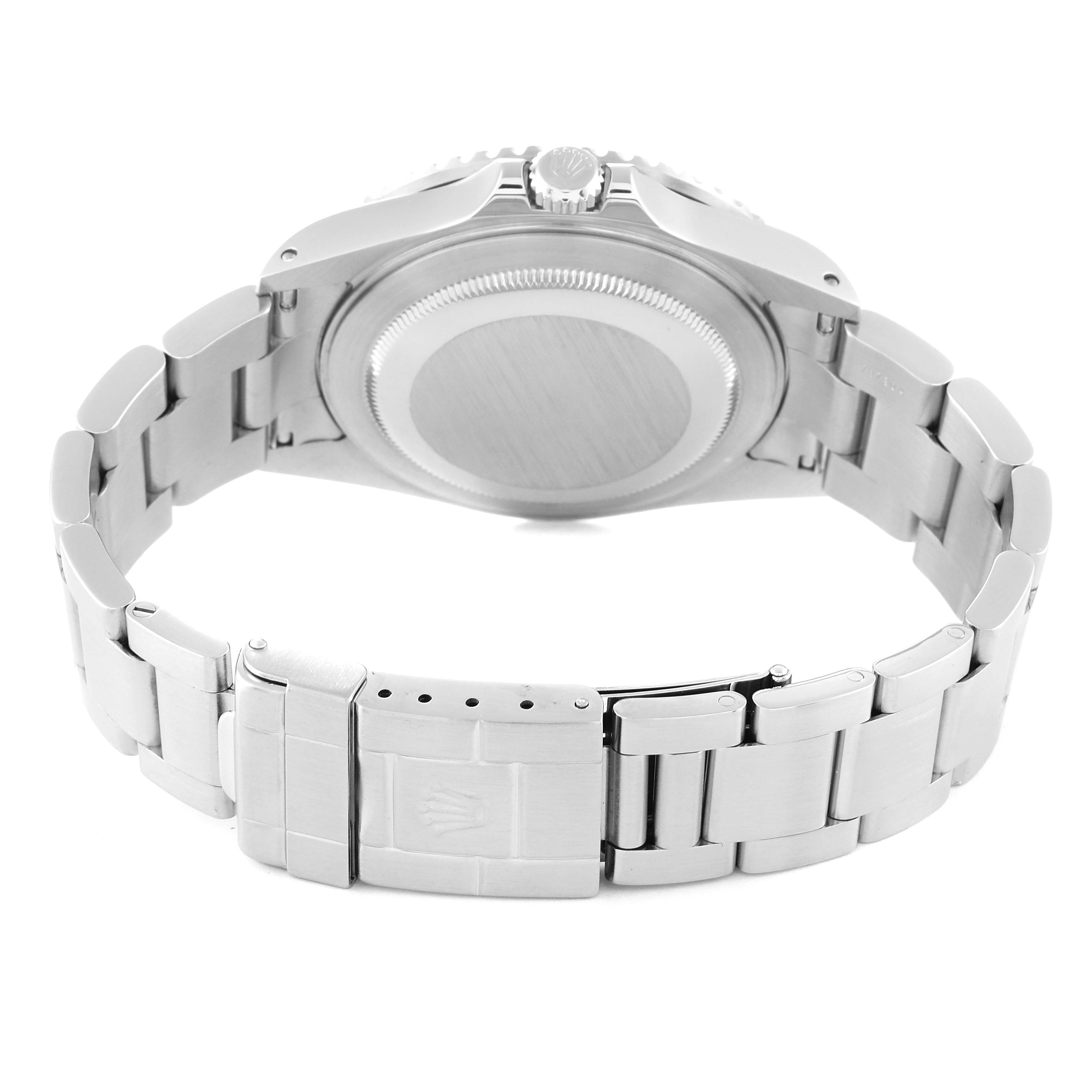 The image shows the back view of a Rolex GMT-Master 16710 Men
s Stainless Steel Black Dial 16710 Men
s Stainless Steel Black Dial watch, focusing on the case back, bracelet, and clasp.