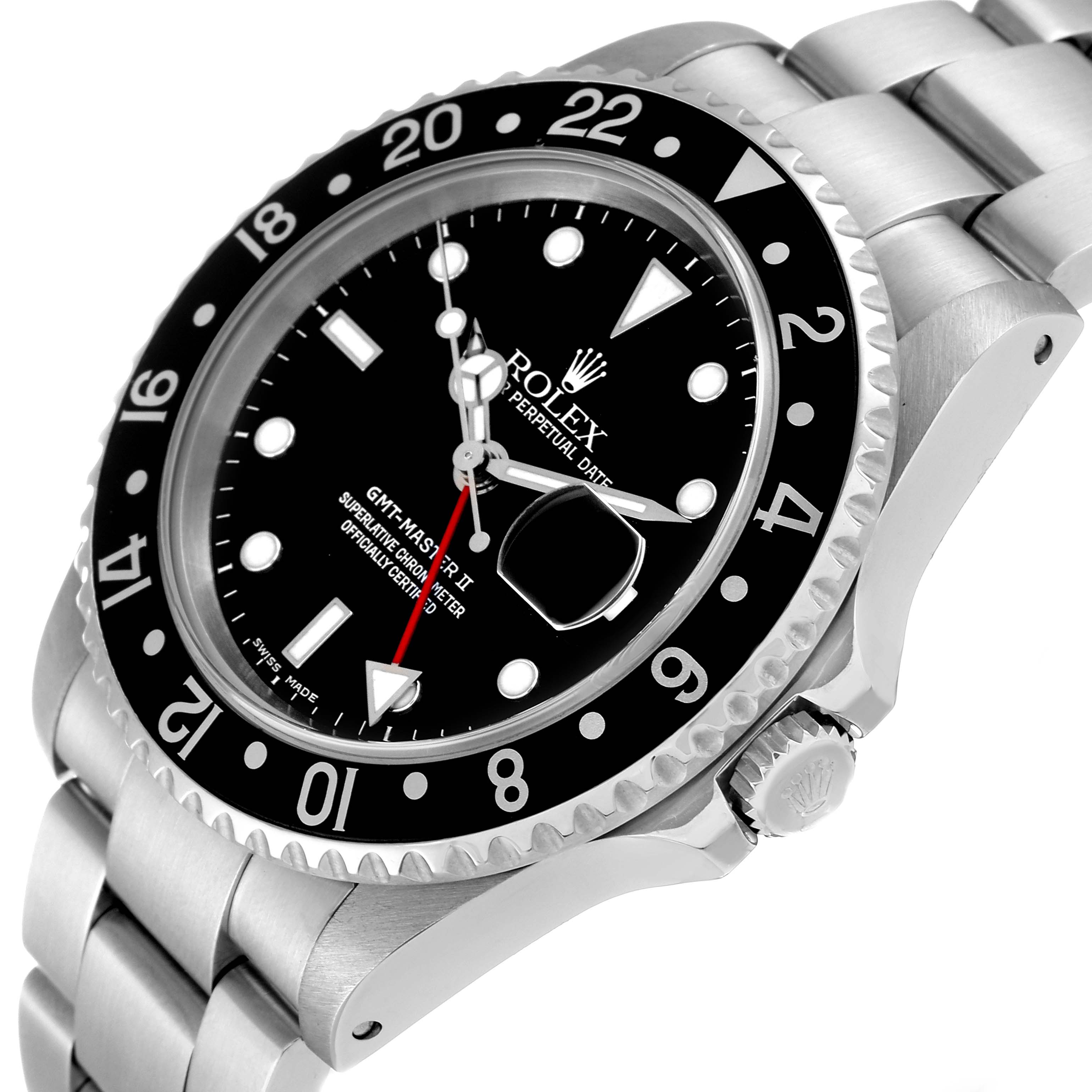 This image shows a close-up angle of a Rolex GMT-Master 16710 Men
s Stainless Steel Black Dial 16710 Men
s Stainless Steel Black Dial II watch, focusing on the dial, bezel, and part of the bracelet.