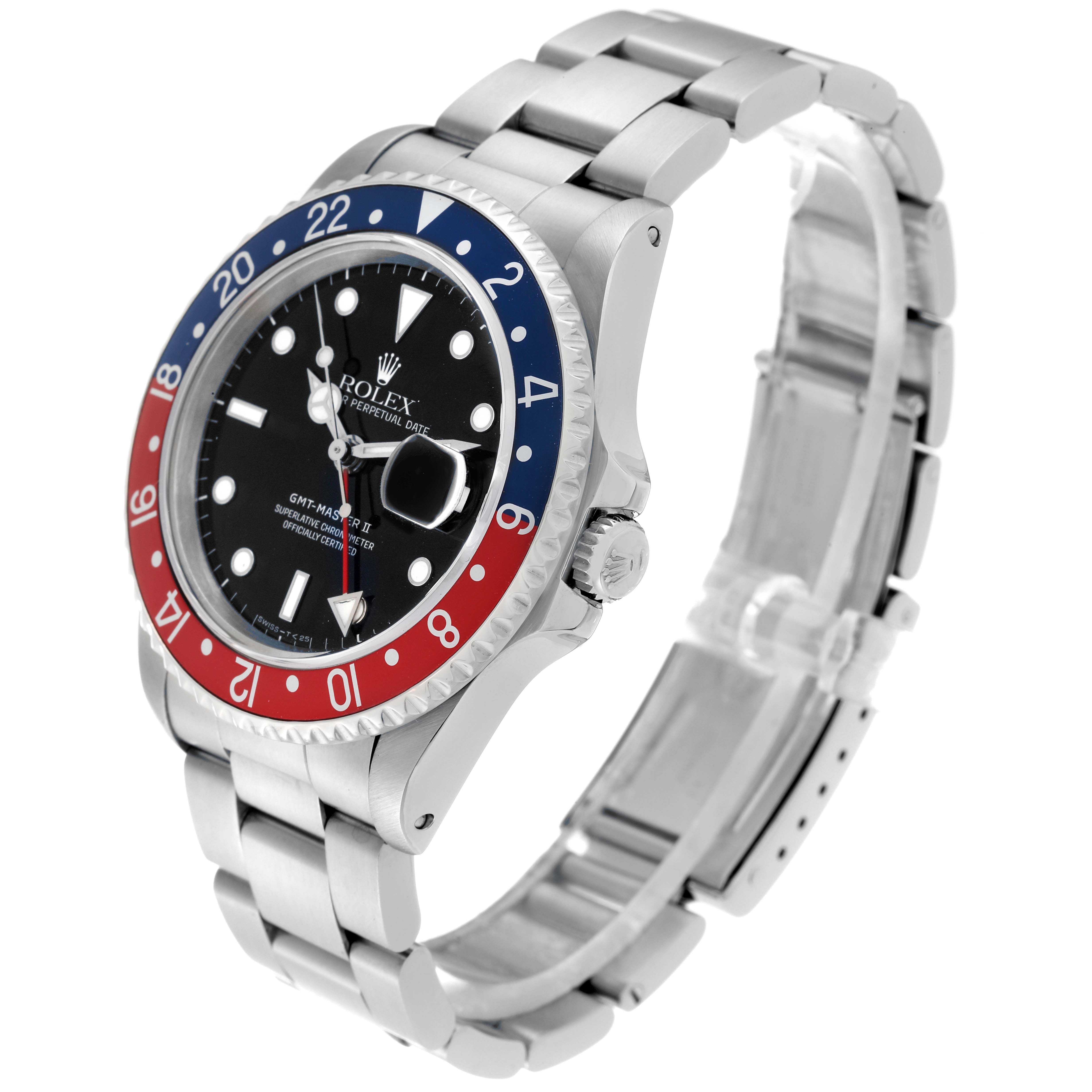 The image shows a Rolex GMT-Master 16710 Men's Stainless Steel Black Dial 16710 Men's Stainless Steel Black Dial II watch at an angle highlighting the bezel, dial, crown, and bracelet.