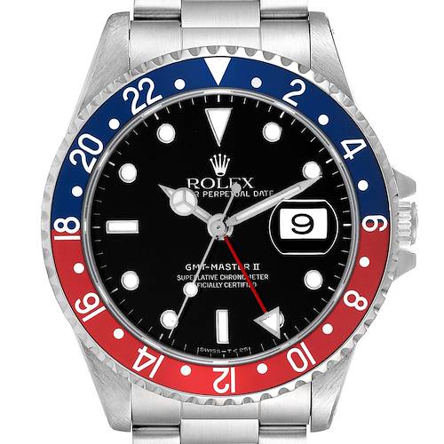 The image shows a front view of a Rolex GMT-Master II watch, highlighting its bezel, dial, and bracelet.