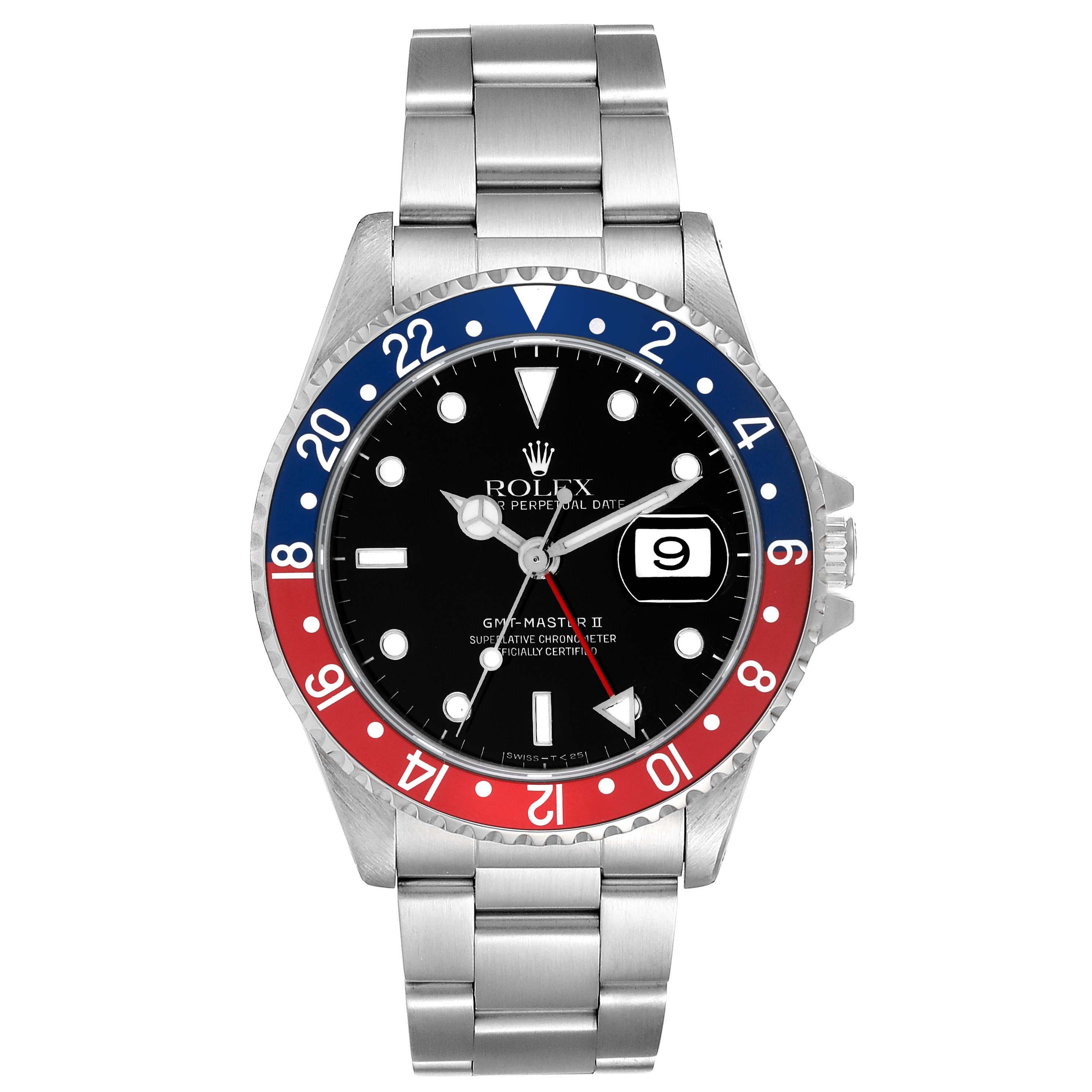 The image shows a front view of the Rolex GMT-Master 16710 Men's Stainless Steel Black Dial 16710 Men's Stainless Steel Black Dial II, highlighting its black dial, red and blue bezel, and stainless steel bracelet.