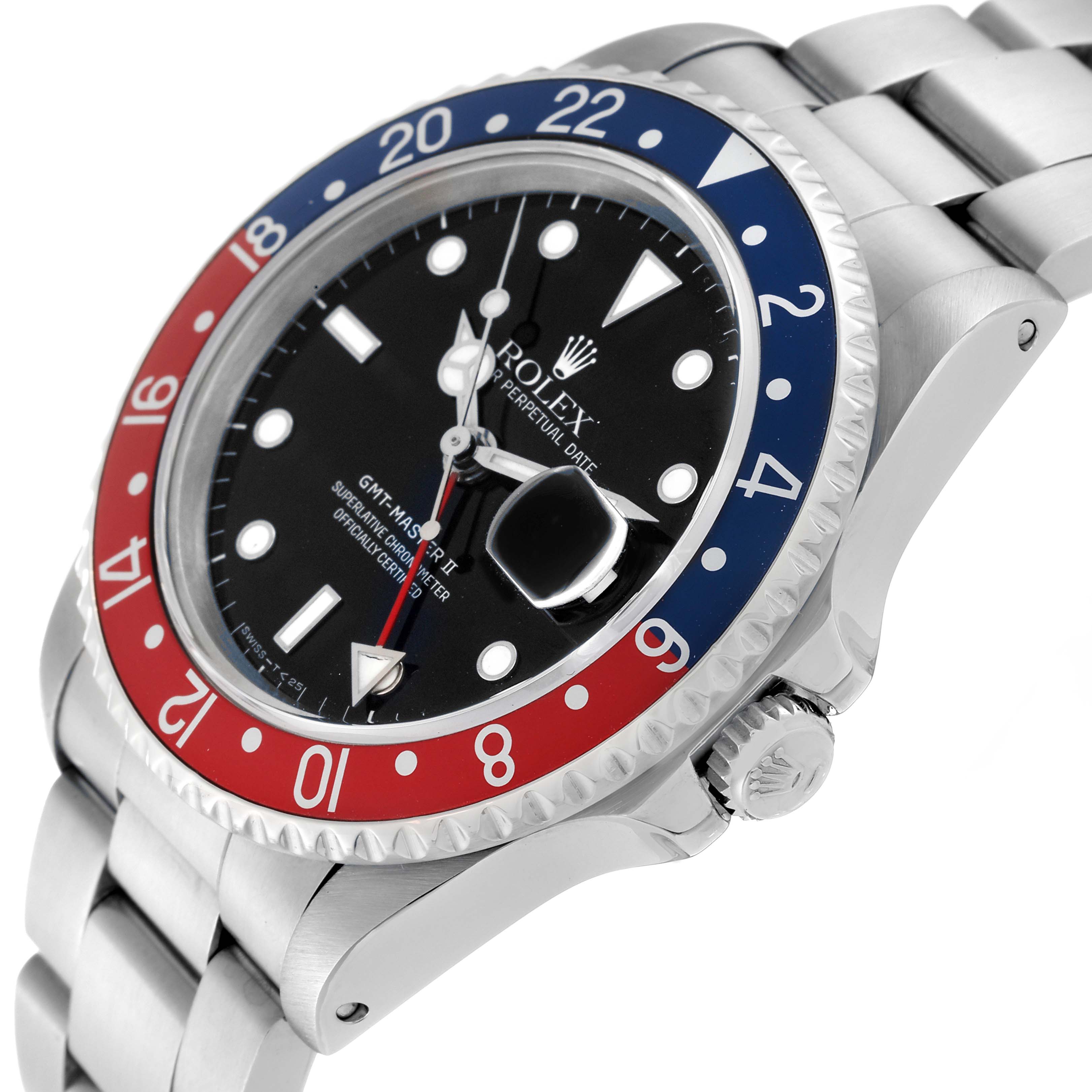 The Rolex GMT-Master 16710 Men's Stainless Steel Black Dial 16710 Men's Stainless Steel Black Dial watch is shown at an angle that displays the face, bezel, crown, and part of the bracelet.