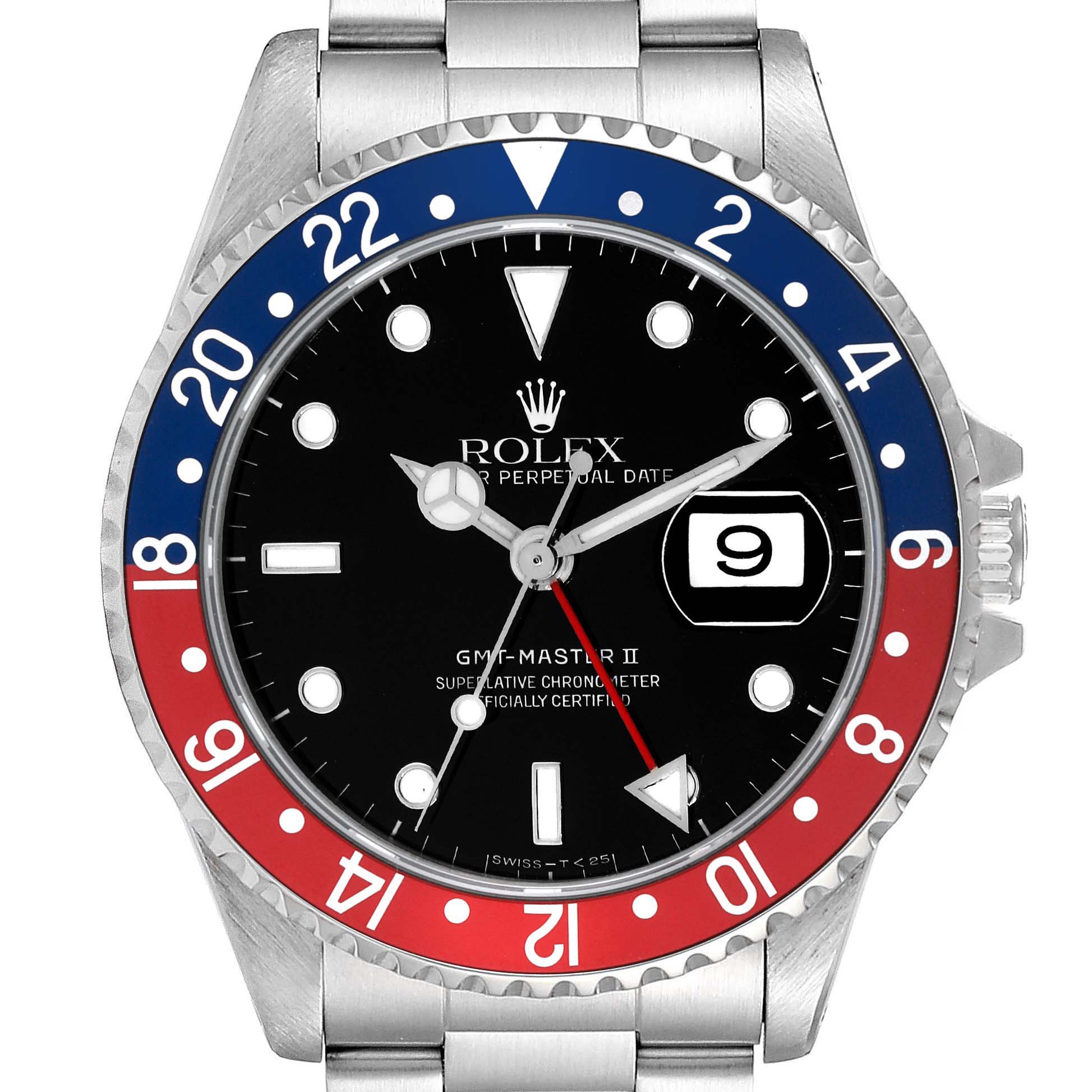 The image shows a front view of the Rolex GMT-Master 16710 Men's Stainless Steel Black Dial 16710 Men's Stainless Steel Black Dial II watch, highlighting the dial, bezel, date display, and part of the bracelet.