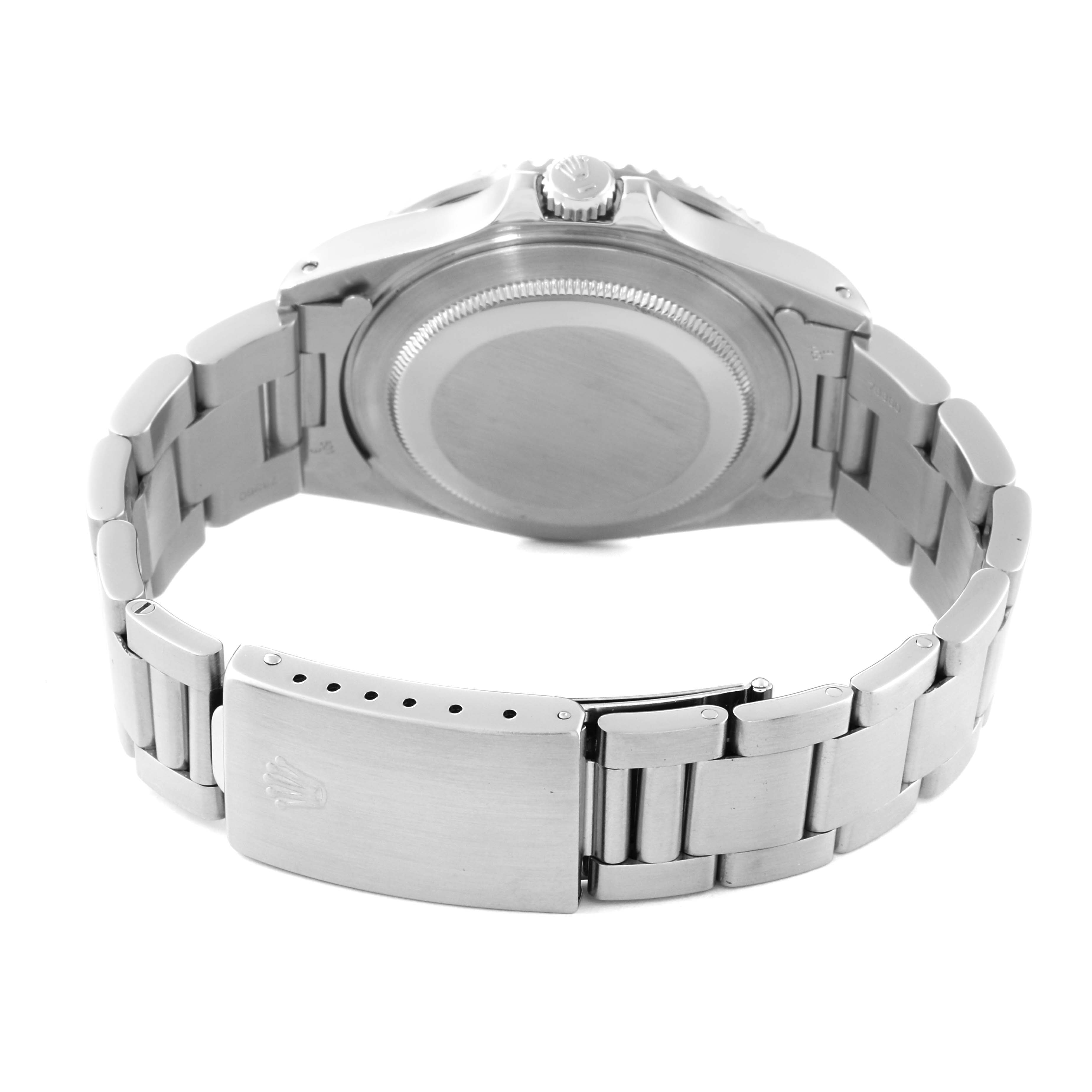 This image shows the back of a Rolex GMT-Master 16710 Men's Stainless Steel Black Dial 16710 Men's Stainless Steel Black Dial watch, focusing on the case back, crown, and clasp of the bracelet.