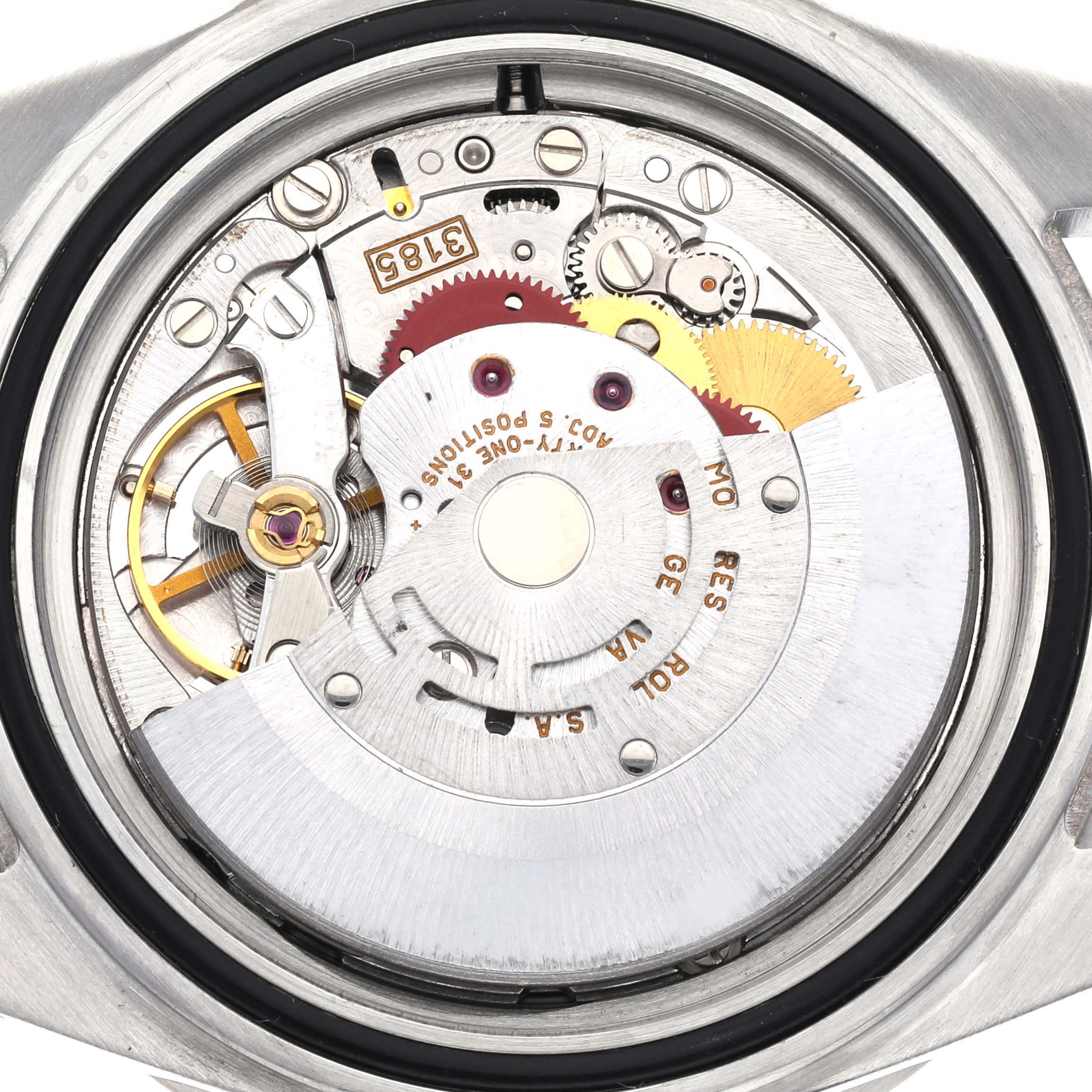 The image shows the inner mechanical movement of a Rolex GMT-Master 16710 Men's Stainless Steel Black Dial 16710 Men's Stainless Steel Black Dial watch, viewed from the back with the case removed.