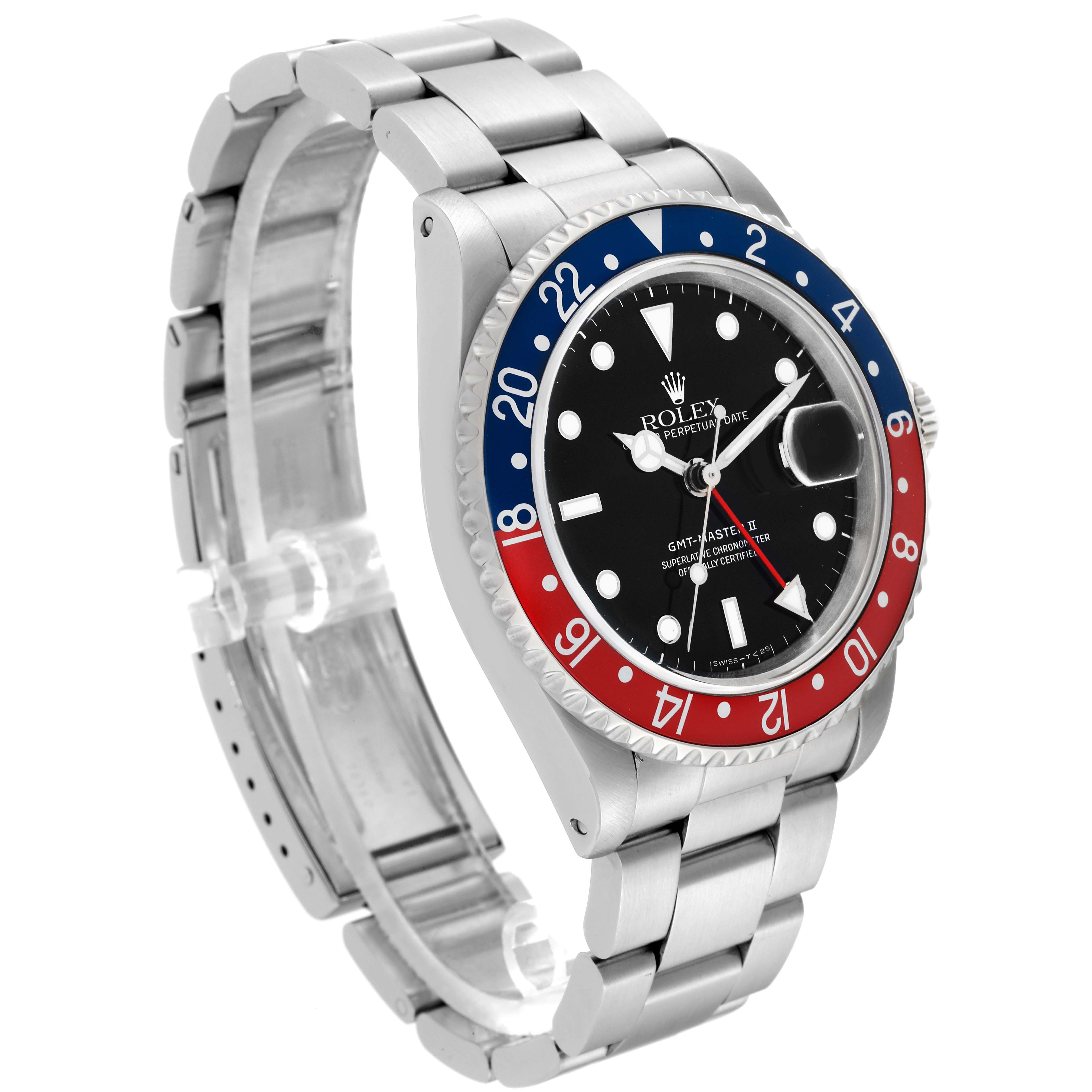 The Rolex GMT-Master 16710 Men's Stainless Steel Black Dial 16710 Men's Stainless Steel Black Dial watch is shown at a slight angle, displaying the dial, bezel, bracelet, and crown.