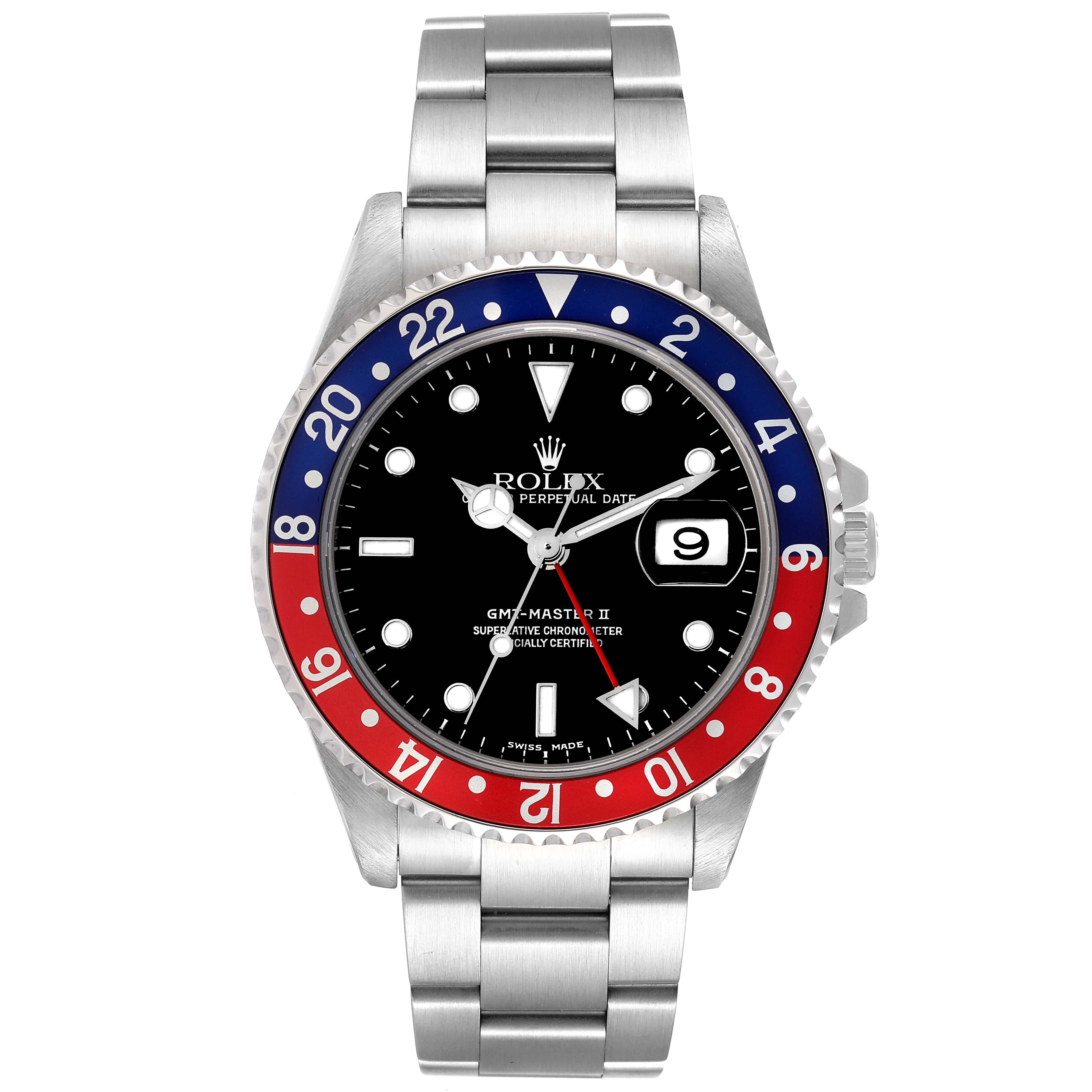 The image shows a front view of a Rolex GMT-Master 16710 Men's Stainless Steel Black Dial 16710 Men's Stainless Steel Black Dial II watch, highlighting its dial, bezel, and bracelet.