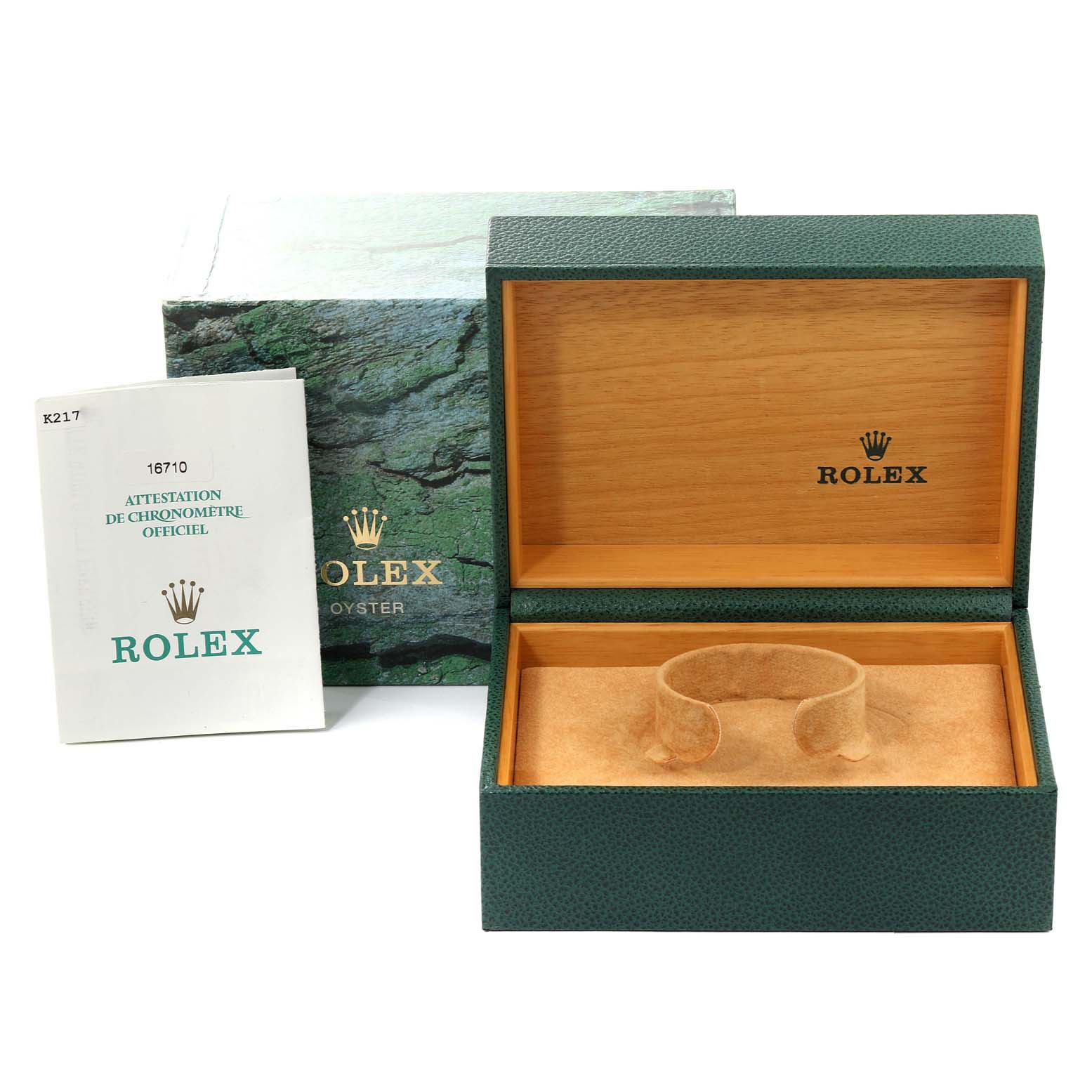 The image shows an open Rolex GMT-Master 16710 Men's Stainless Steel Black Dial 16710 Men's Stainless Steel Black Dial watch box with a holder inside and accompanying documentation.