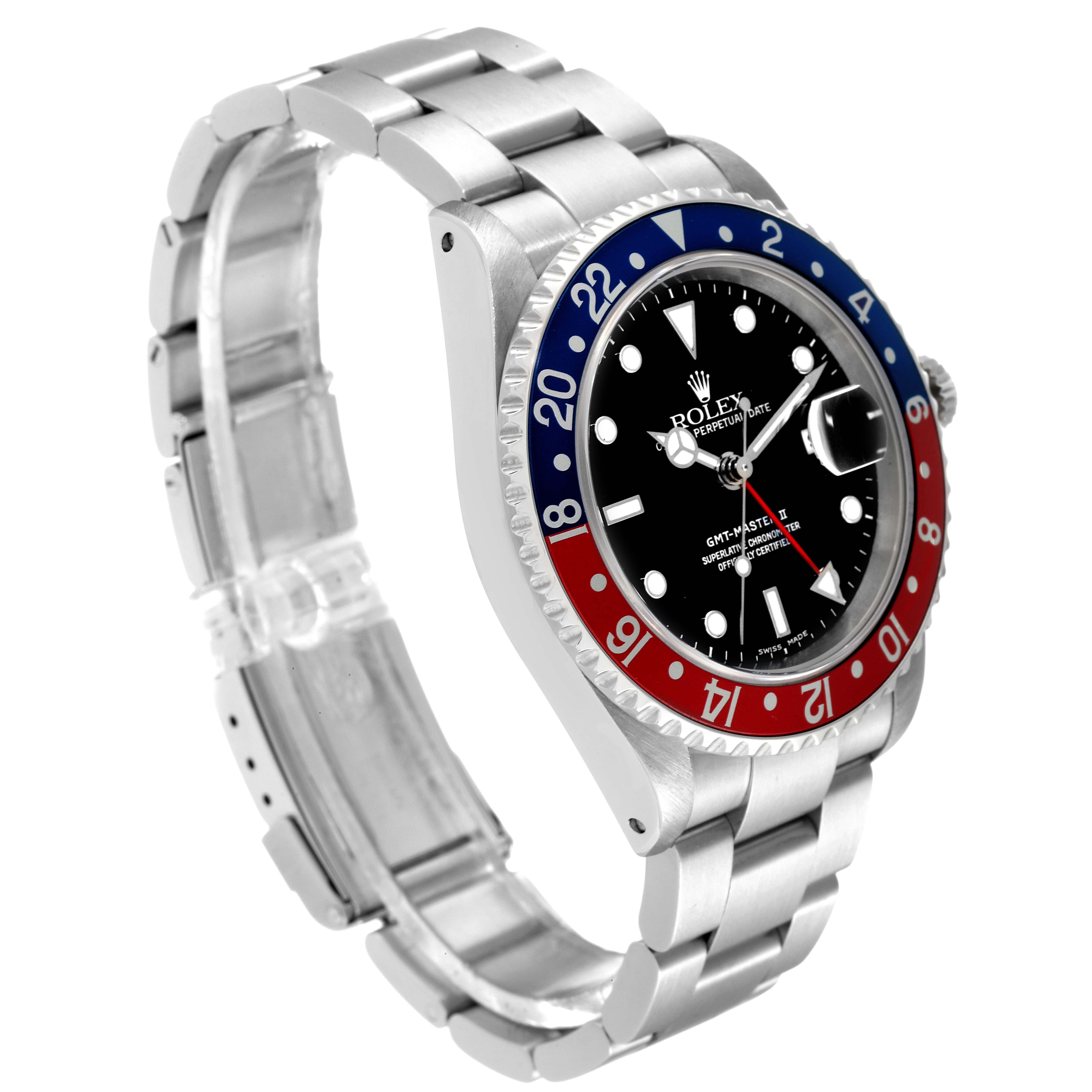 The image shows a side and slightly angled view of a Rolex GMT-Master 16710 Men's Stainless Steel Black Dial 16710 Men's Stainless Steel Black Dial watch, highlighting its bezel, dial, band, and crown.