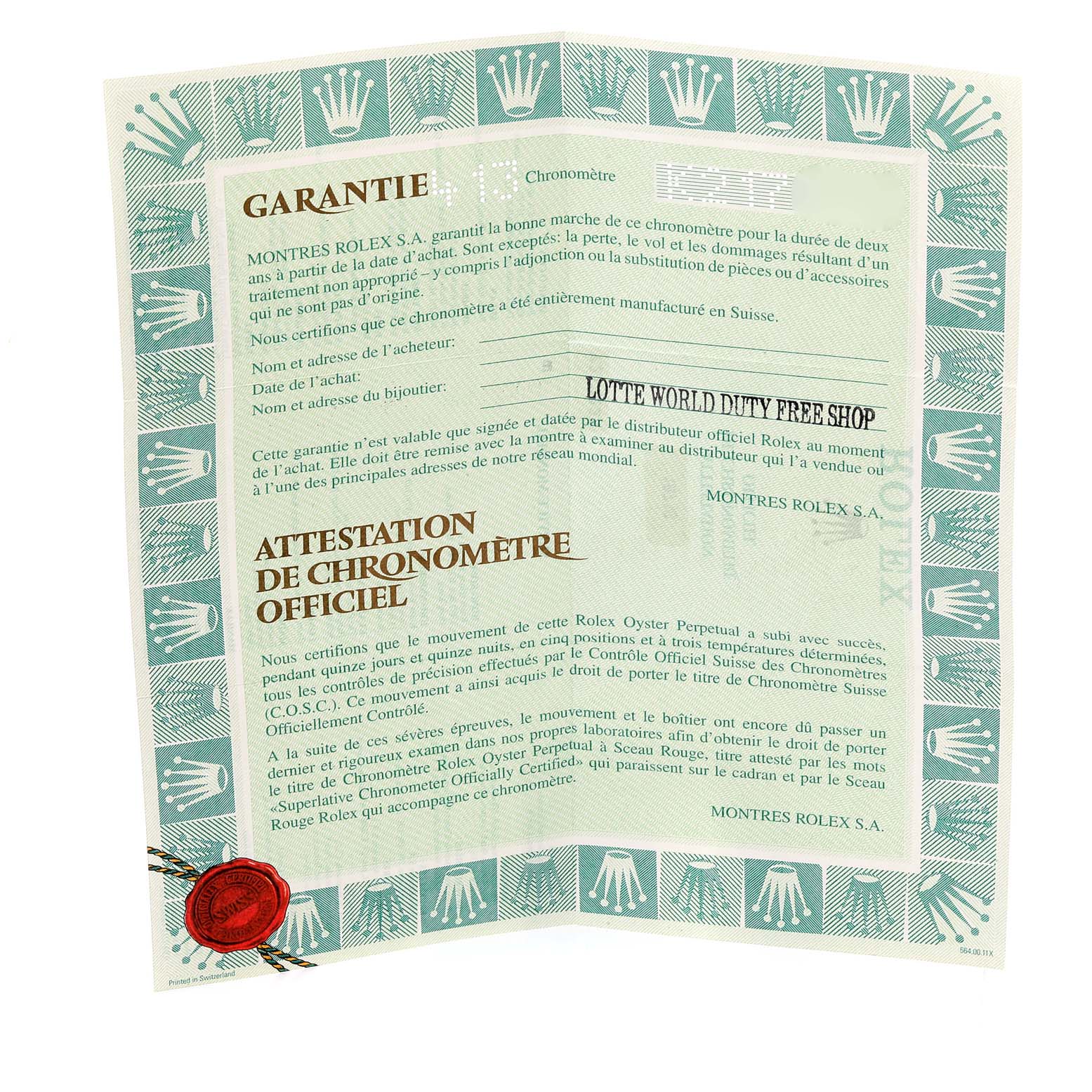 This image shows a warranty and chronometer certification document for a Rolex GMT-Master 16710 Men's Stainless Steel Black Dial 16710 Men's Stainless Steel Black Dial watch.