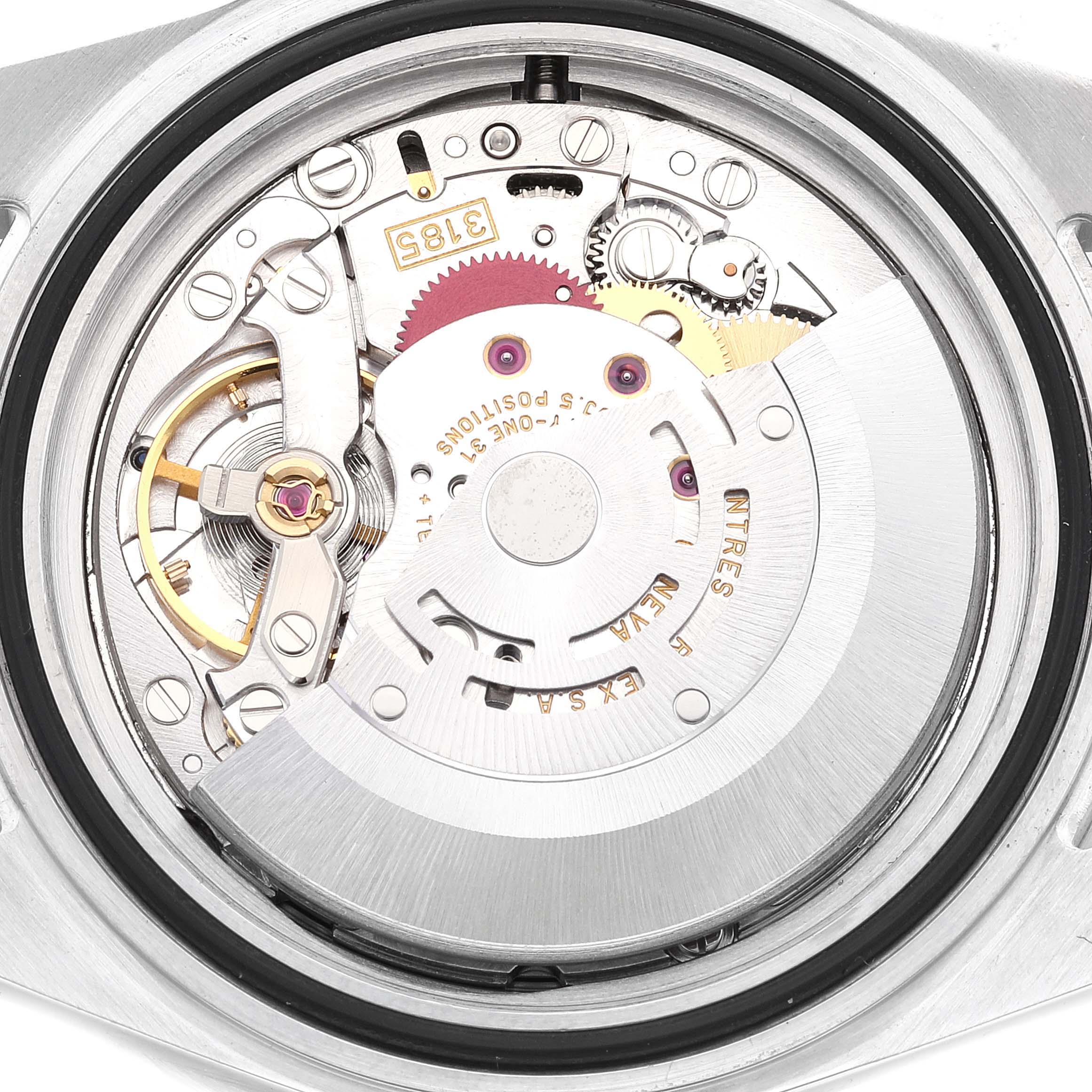 The image shows a close-up of the movement and internal components of a Rolex GMT-Master 16710 Men's Stainless Steel Black Dial 16710 Men's Stainless Steel Black Dial watch.