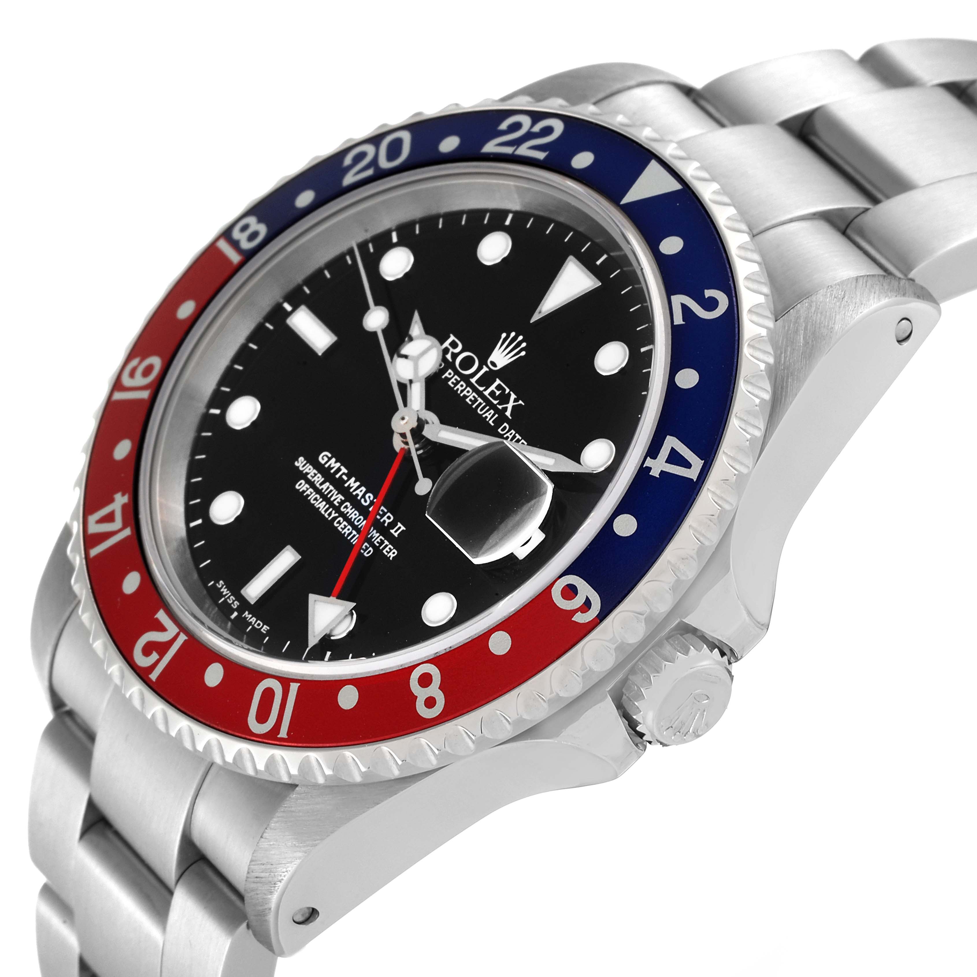 This Rolex GMT-Master 16710 Men's Stainless Steel Black Dial 16710 Men's Stainless Steel Black Dial watch is shown from a side angle, highlighting the bezel, dial, bracelet, and crown.