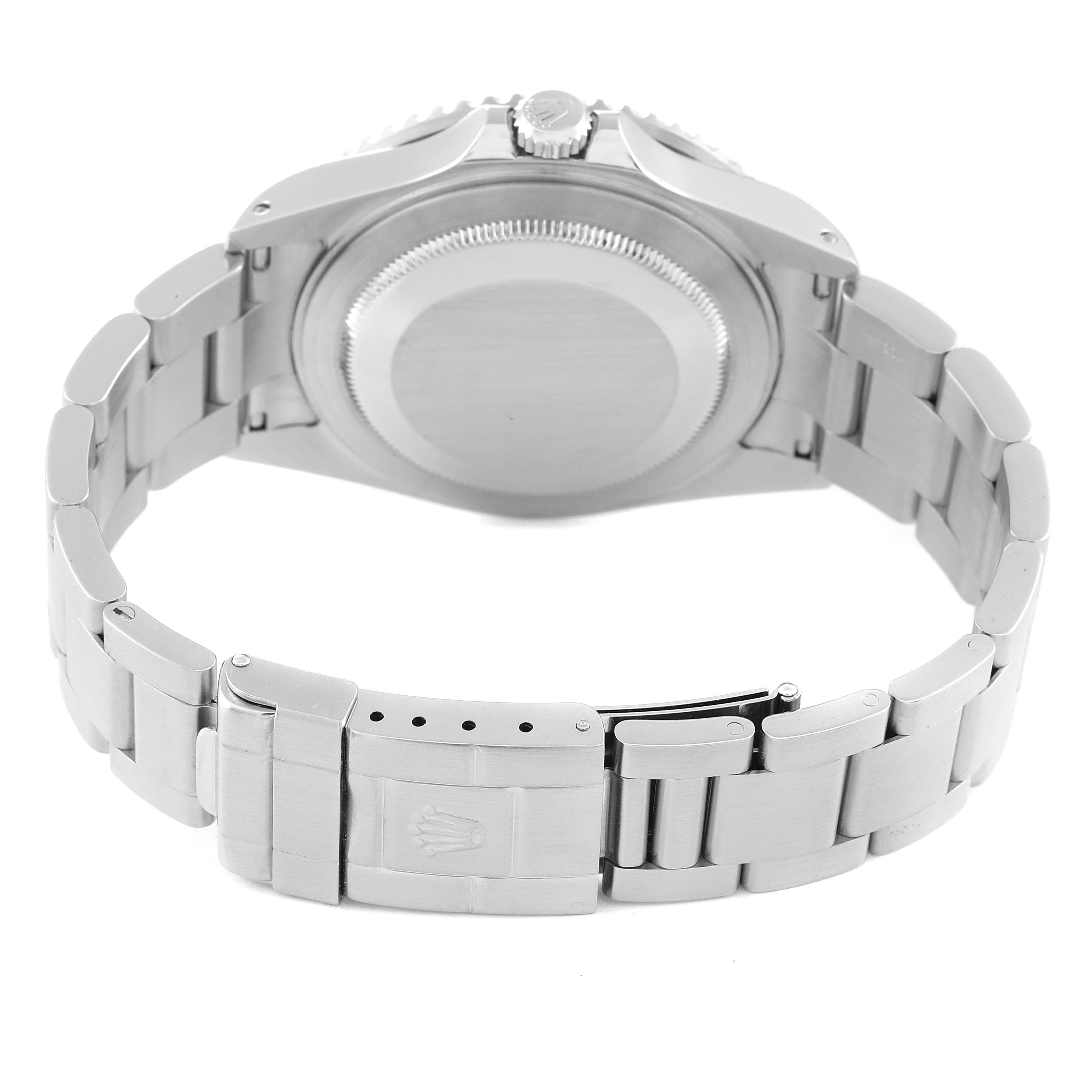 The image shows the back case and the bracelet clasp of a Rolex GMT-Master 16710 Men's Stainless Steel Black Dial 16710 Men's Stainless Steel Black Dial watch from a rear angle.