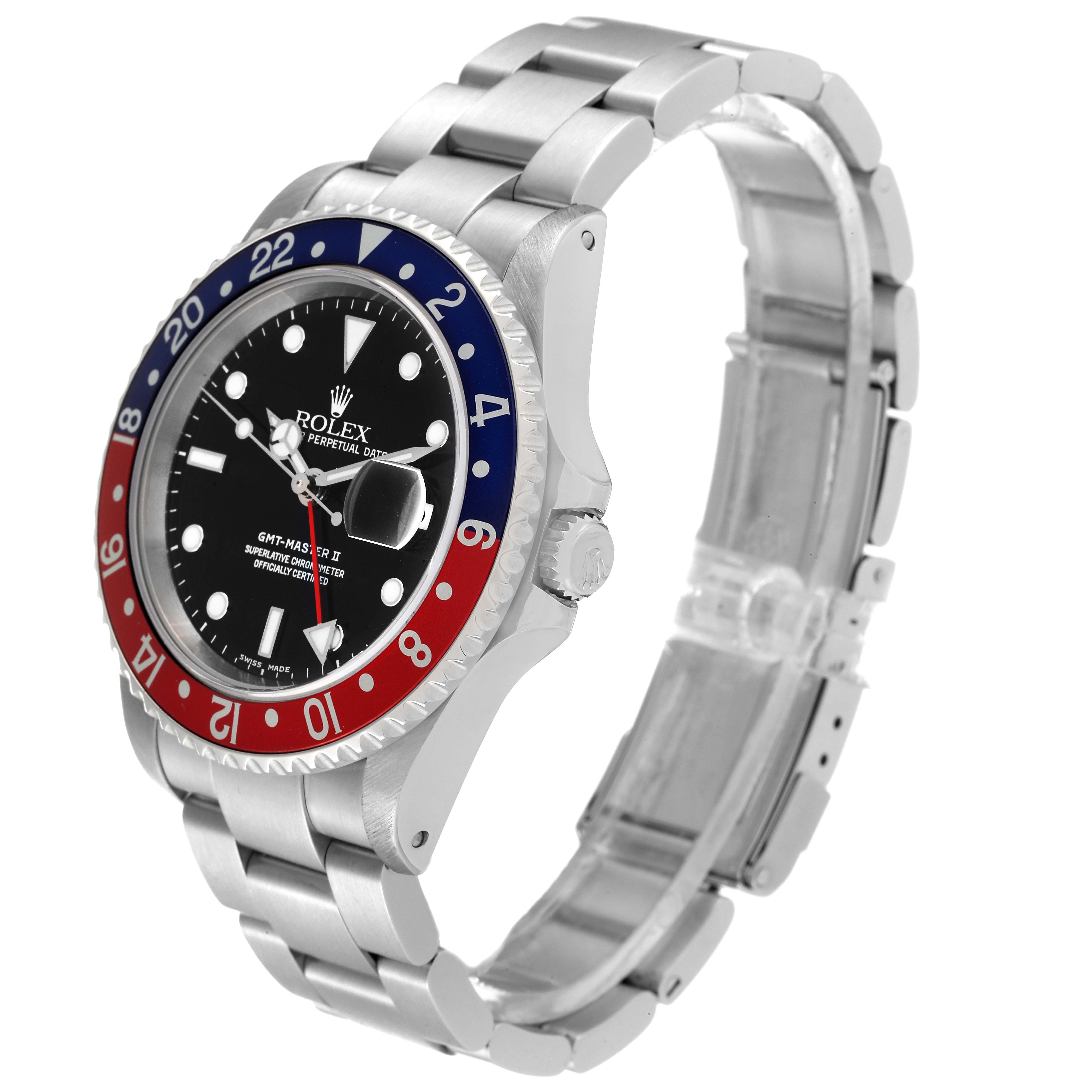 The image shows a side angle of the Rolex GMT-Master 16710 Men's Stainless Steel Black Dial 16710 Men's Stainless Steel Black Dial, highlighting the bezel, dial, bracelet, and clasp.
