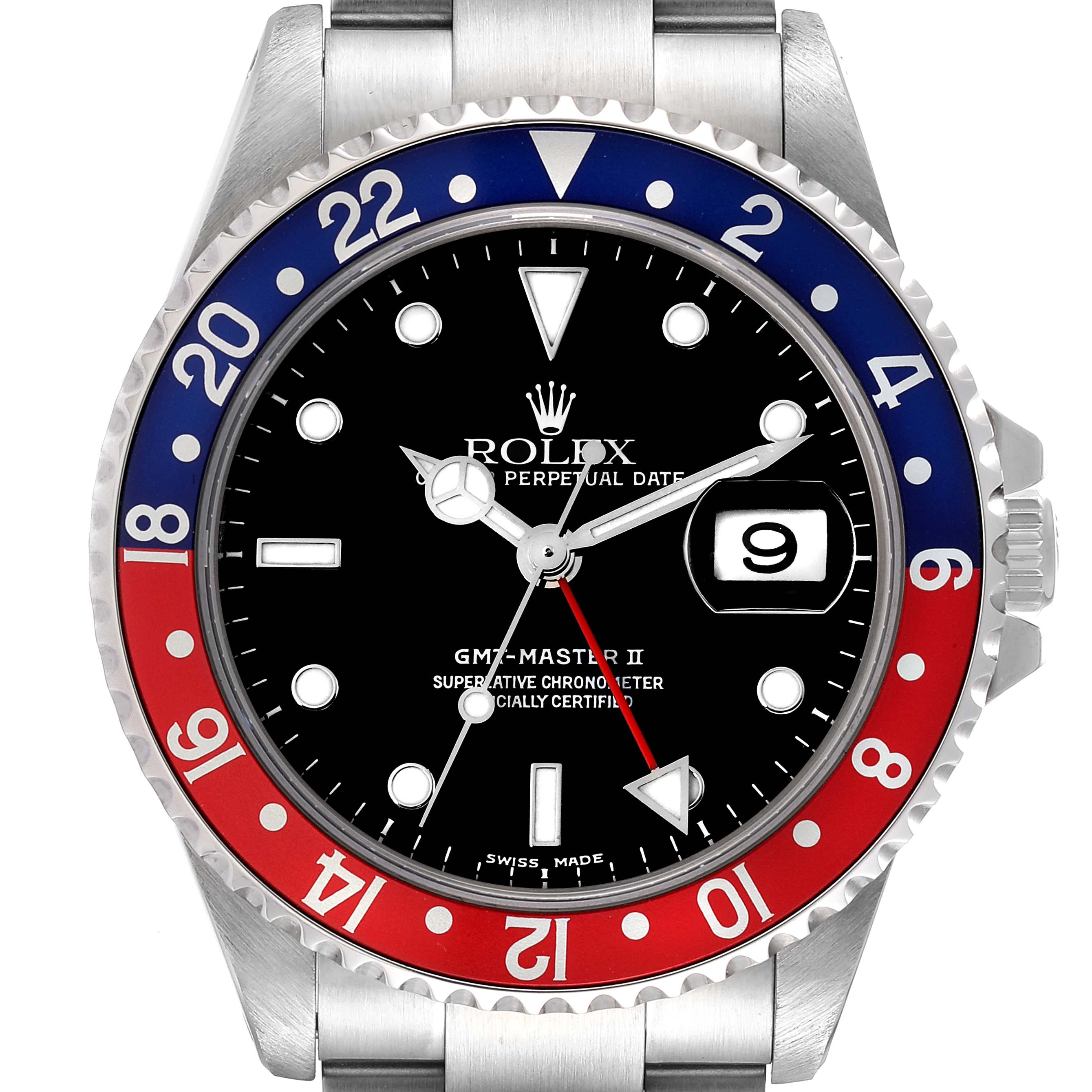 This image shows the front of a Rolex GMT-Master 16710 Men's Stainless Steel Black Dial 16710 Men's Stainless Steel Black Dial II watch, highlighting its dial, bezel, and bracelet.