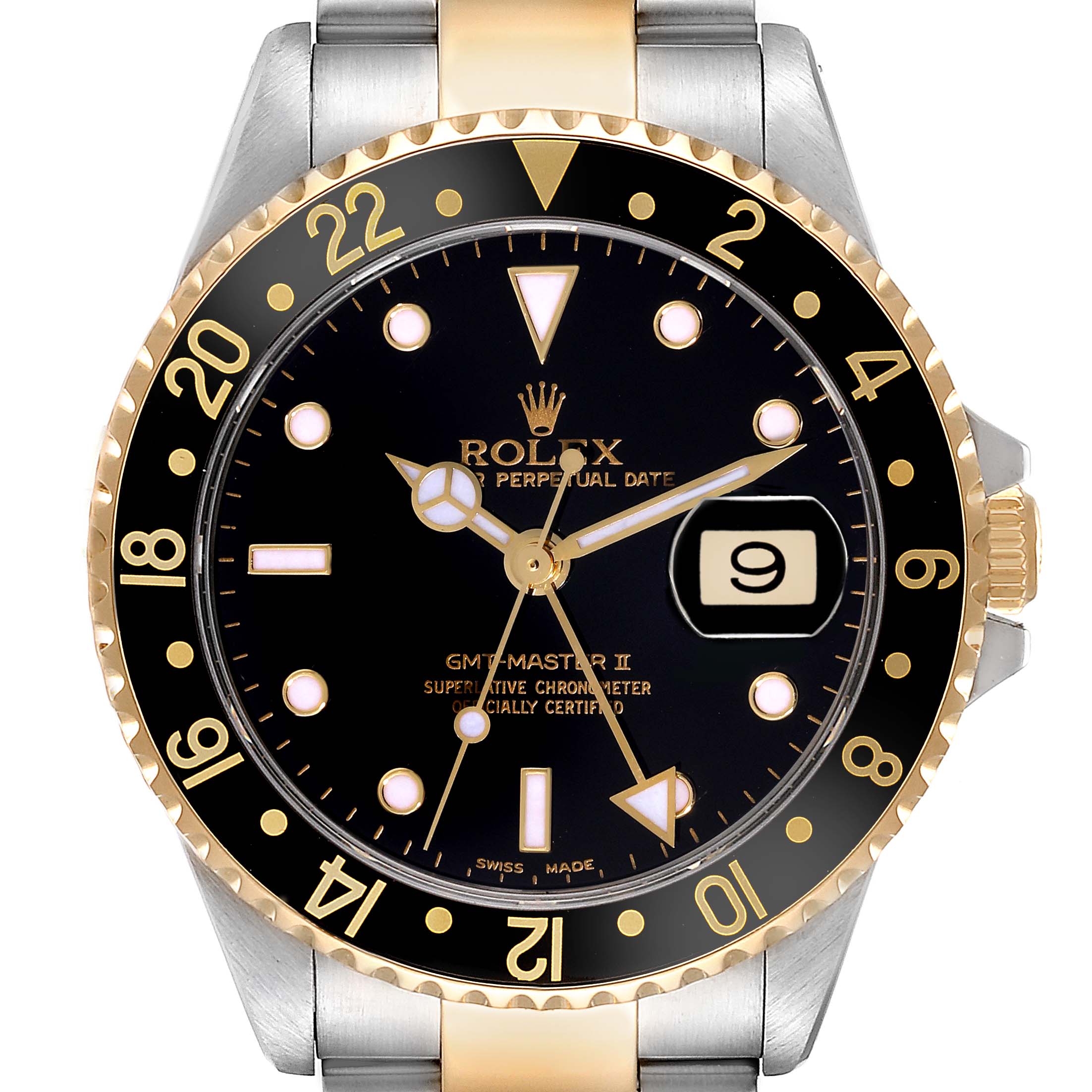 The image shows a front view of a Rolex GMT-Master 16713 Men's Steel and Gold (two tone) Black Dial 16713 Men's Steel and Gold (two tone) Black Dial II watch, highlighting its black dial, date display, and two-tone bezel.