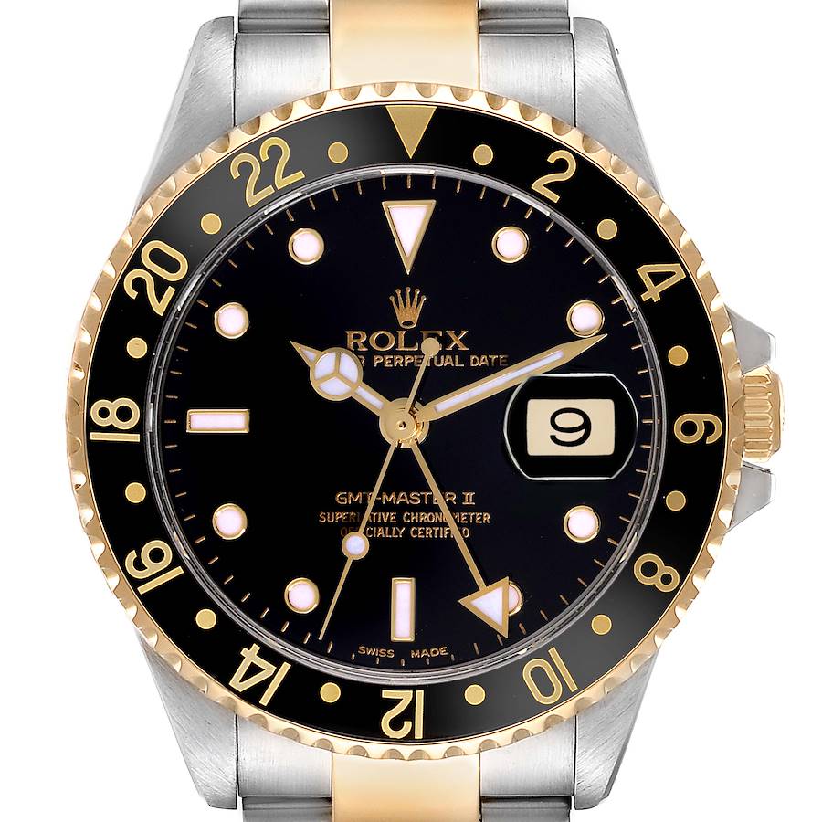 Rolex GMT Master II Steel Yellow Gold Black Dial Mens Watch 16713 SwissWatchExpo