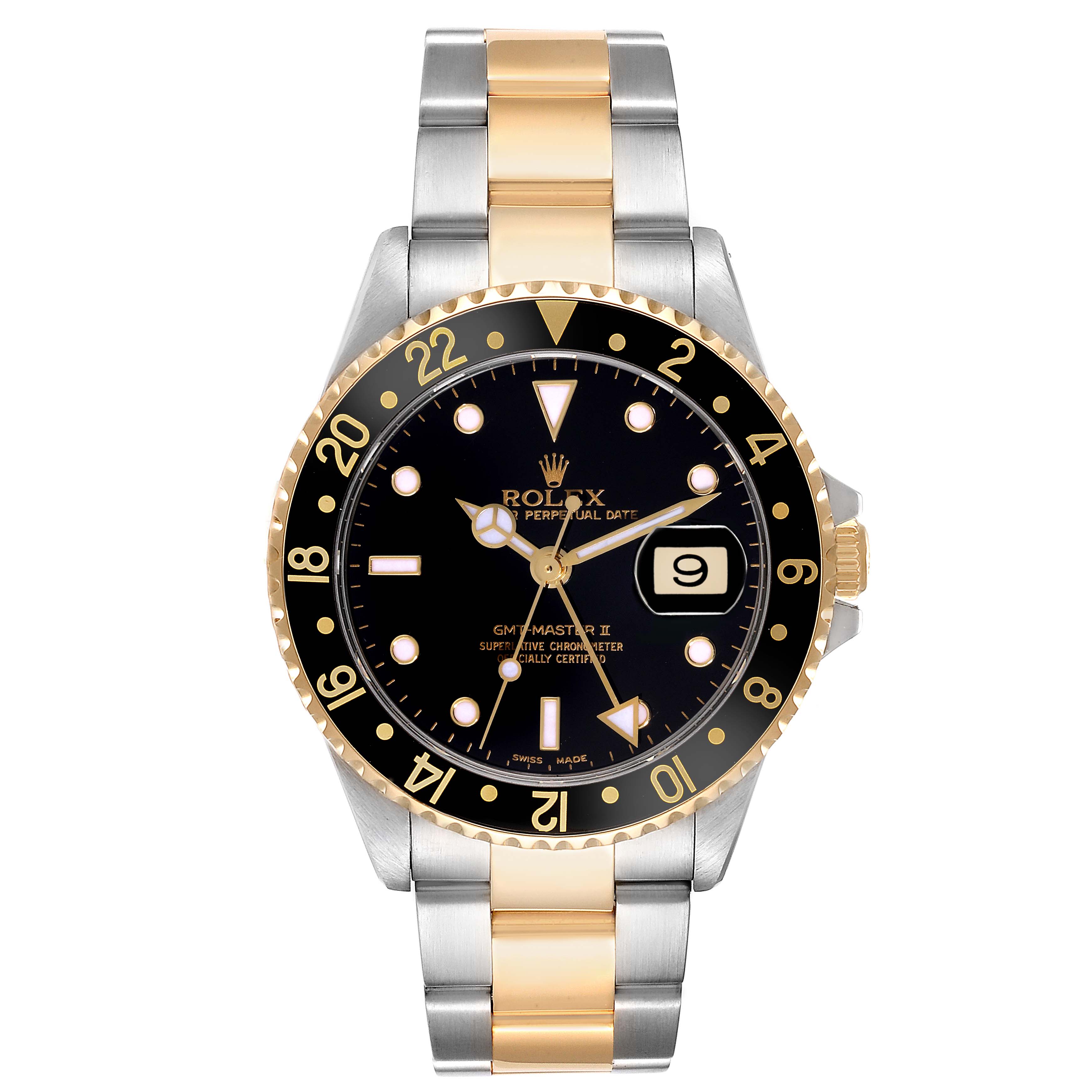 This image shows a front view of the Rolex GMT-Master 16713 Men's Steel and Gold (two tone) Black Dial 16713 Men's Steel and Gold (two tone) Black Dial watch, featuring a two-tone bracelet and a black dial with a date display.