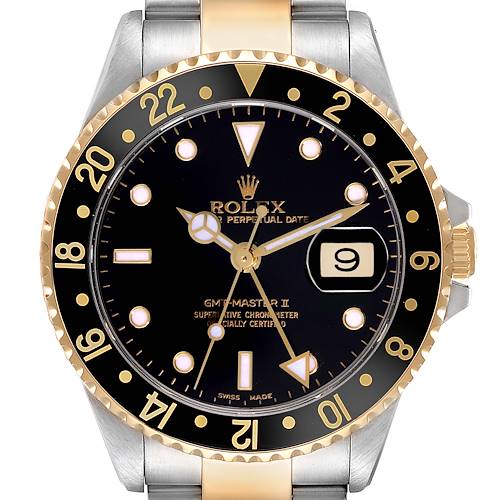 The image shows a Rolex GMT-Master II watch, highlighting its dial, bezel, hands, and part of the bracelet from a front-facing angle.