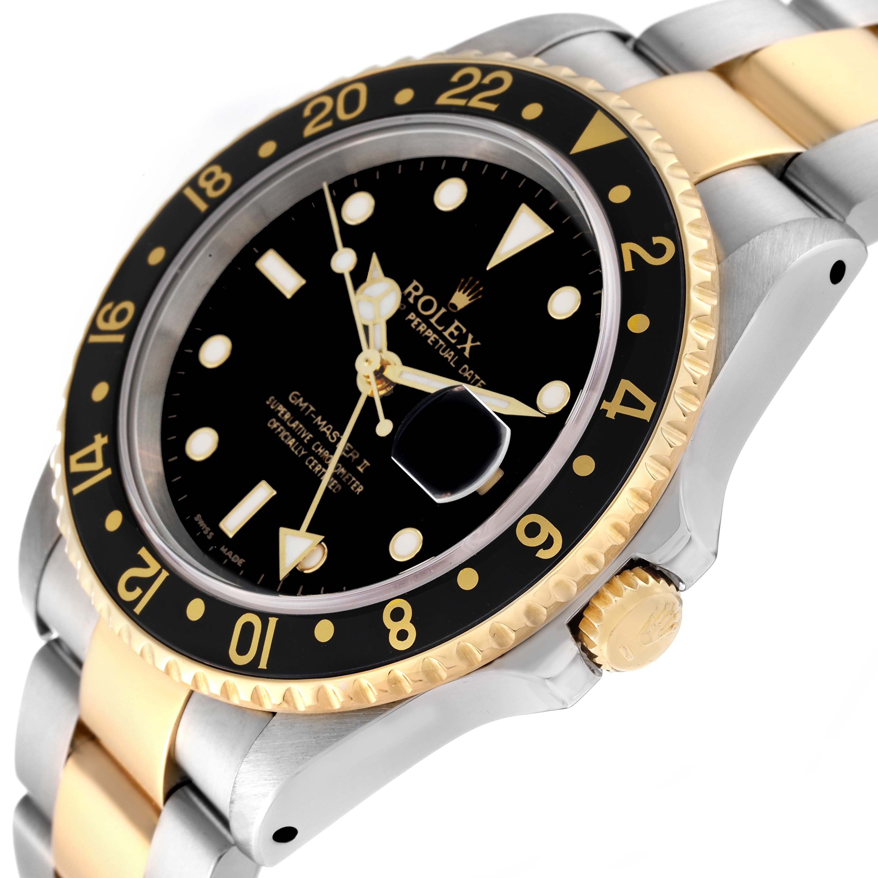 This image shows a side angle of the Rolex GMT-Master 16713 Men's Steel and Gold (two tone) Black Dial 16713 Men's Steel and Gold (two tone) Black Dial watch, highlighting its black dial, gold bezel, and two-tone bracelet.
