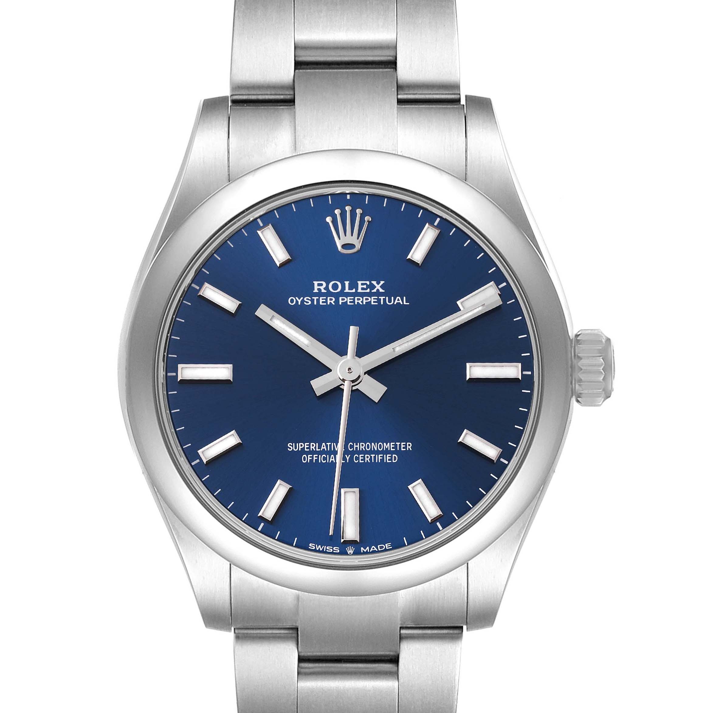 This image shows a front view of a Rolex Oyster Perpetual Mid-Size watch, highlighting its blue dial and stainless steel case and bracelet.