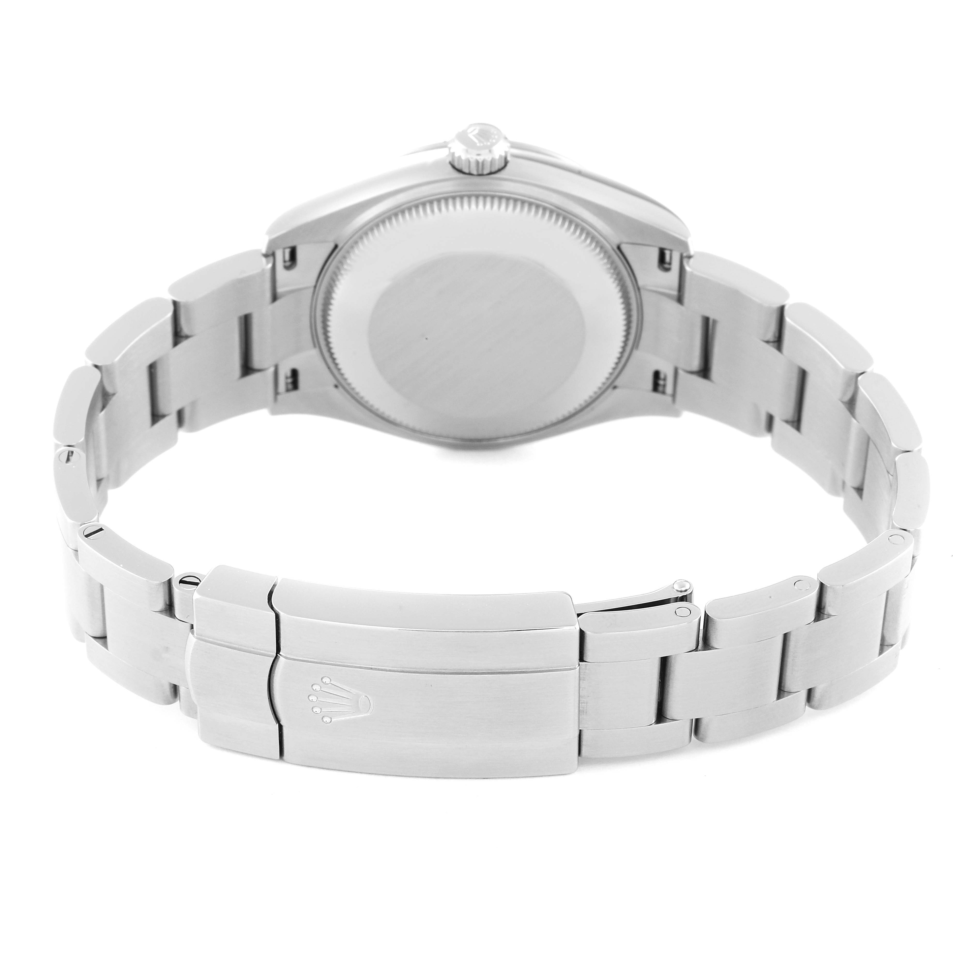 This image shows the back view of a Mid-Size Rolex watch, featuring the case back, crown, and the closed bracelet clasp.