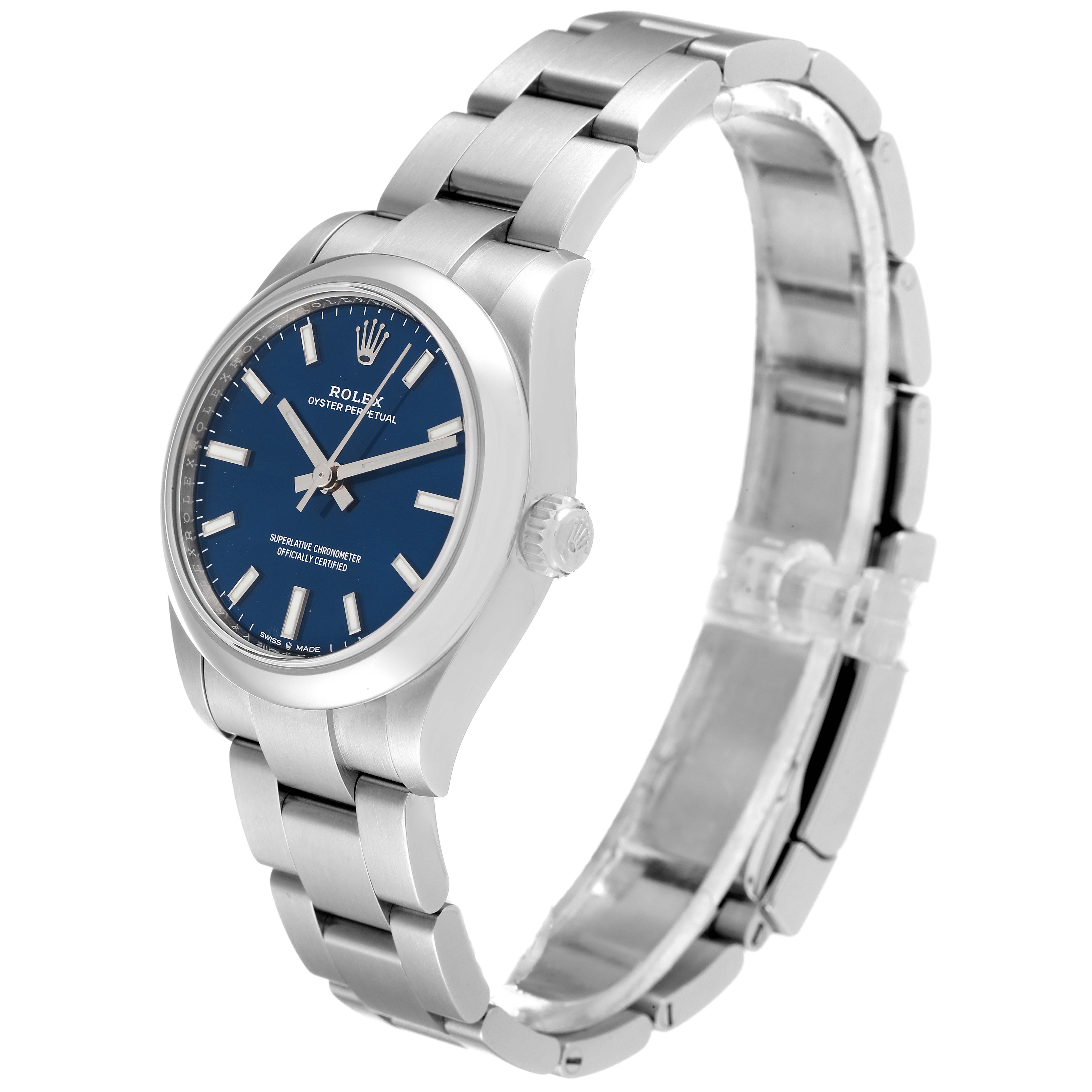 This image shows a side perspective view of a Rolex Oyster Perpetual Mid-Size watch, highlighting the dial, case, and metal bracelet.