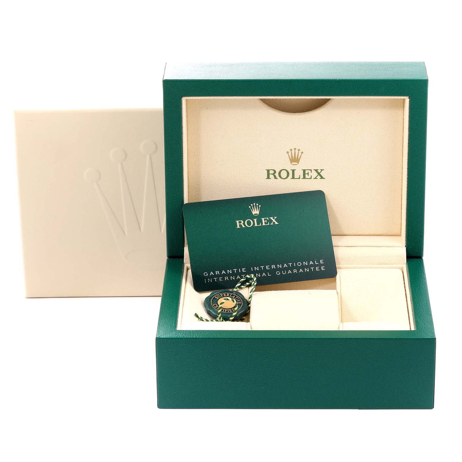The image shows the box and warranty card for a Mid-Size Rolex watch, viewed from the front.