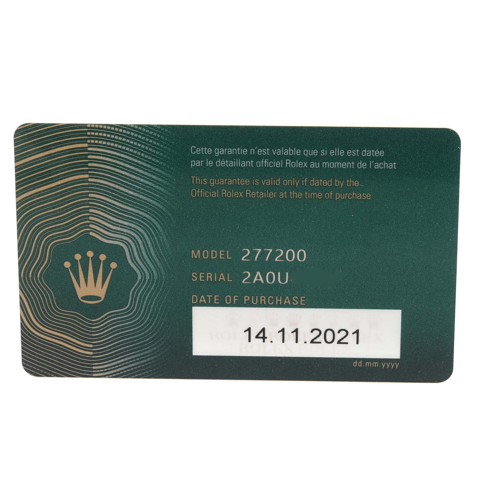 This image shows a Rolex warranty card for the Mid-Size model 277200, including the serial number and date of purchase.