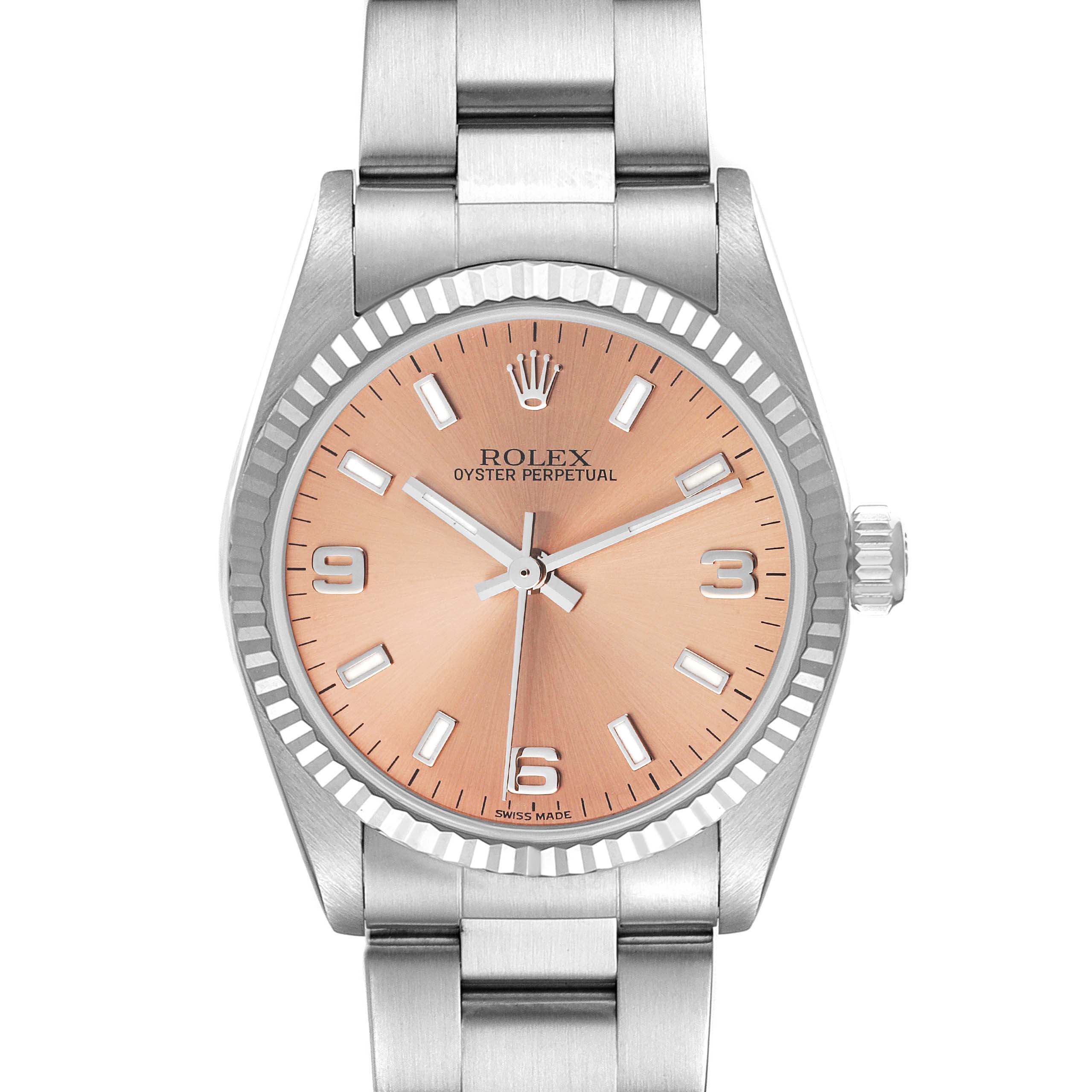 This image shows a front view of a Rolex Mid-Size 77014 Women
s Stainless Steel Pink Dial 77014 Women
s Stainless Steel Pink Dial Oyster Perpetual watch, highlighting its dial, bezel, and part of the bracelet.