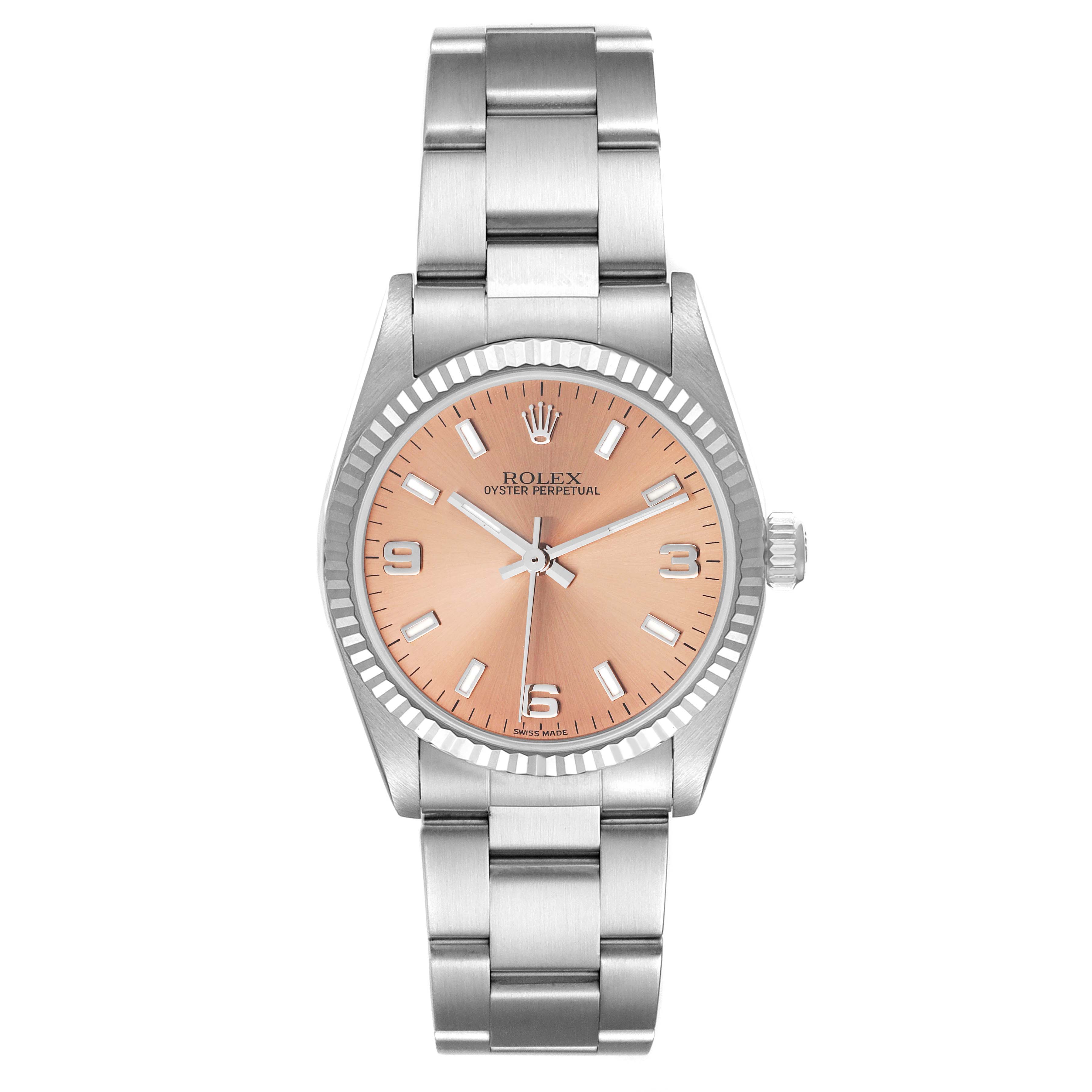 The image shows a front view of a Rolex Oyster Perpetual Mid-Size watch with a pink dial and a stainless steel bracelet.