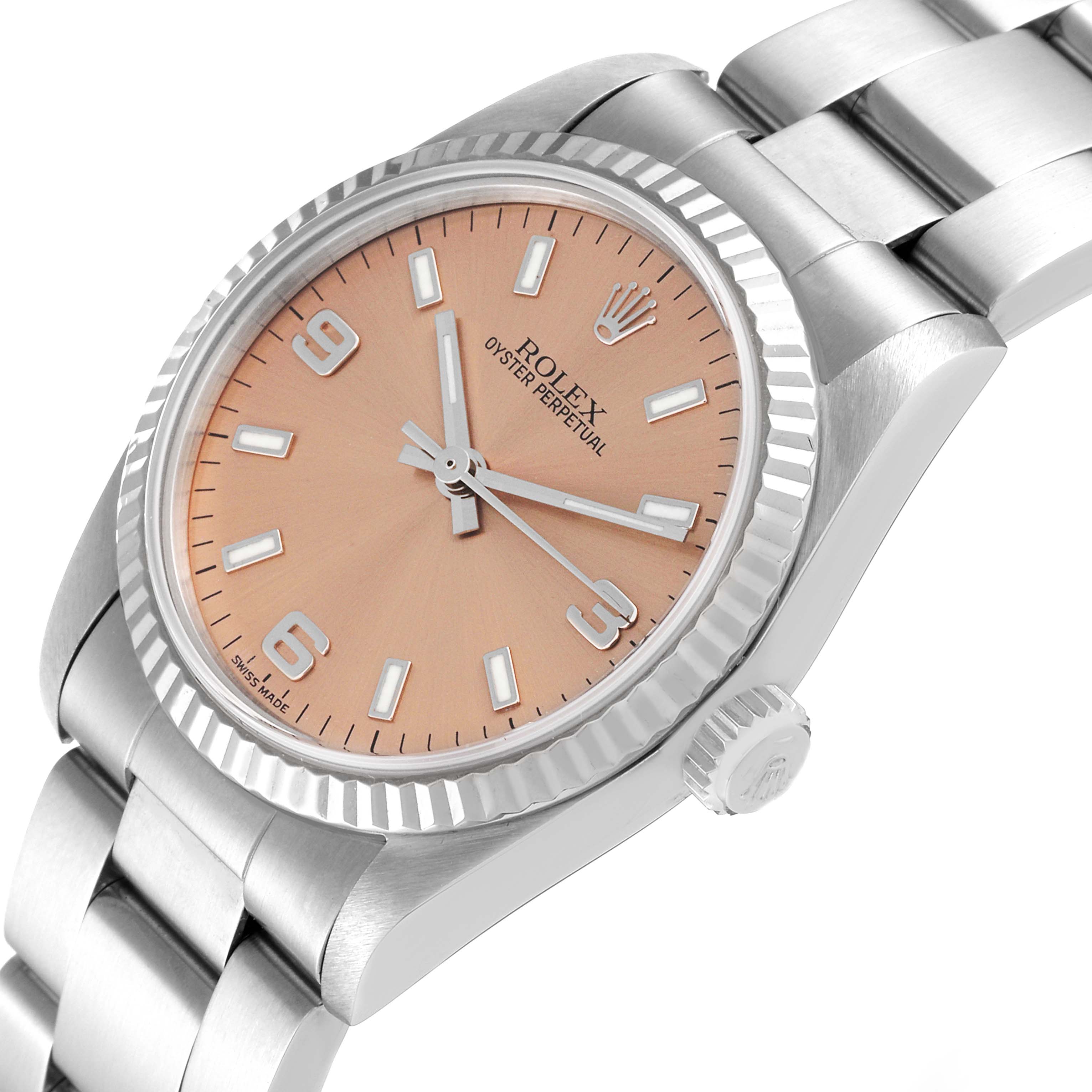 This Rolex Mid-Size 77014 Women
s Stainless Steel Pink Dial 77014 Women
s Stainless Steel Pink Dial watch is angled from the front-left, showing the dial, bezel, case, crown, and part of the bracelet.