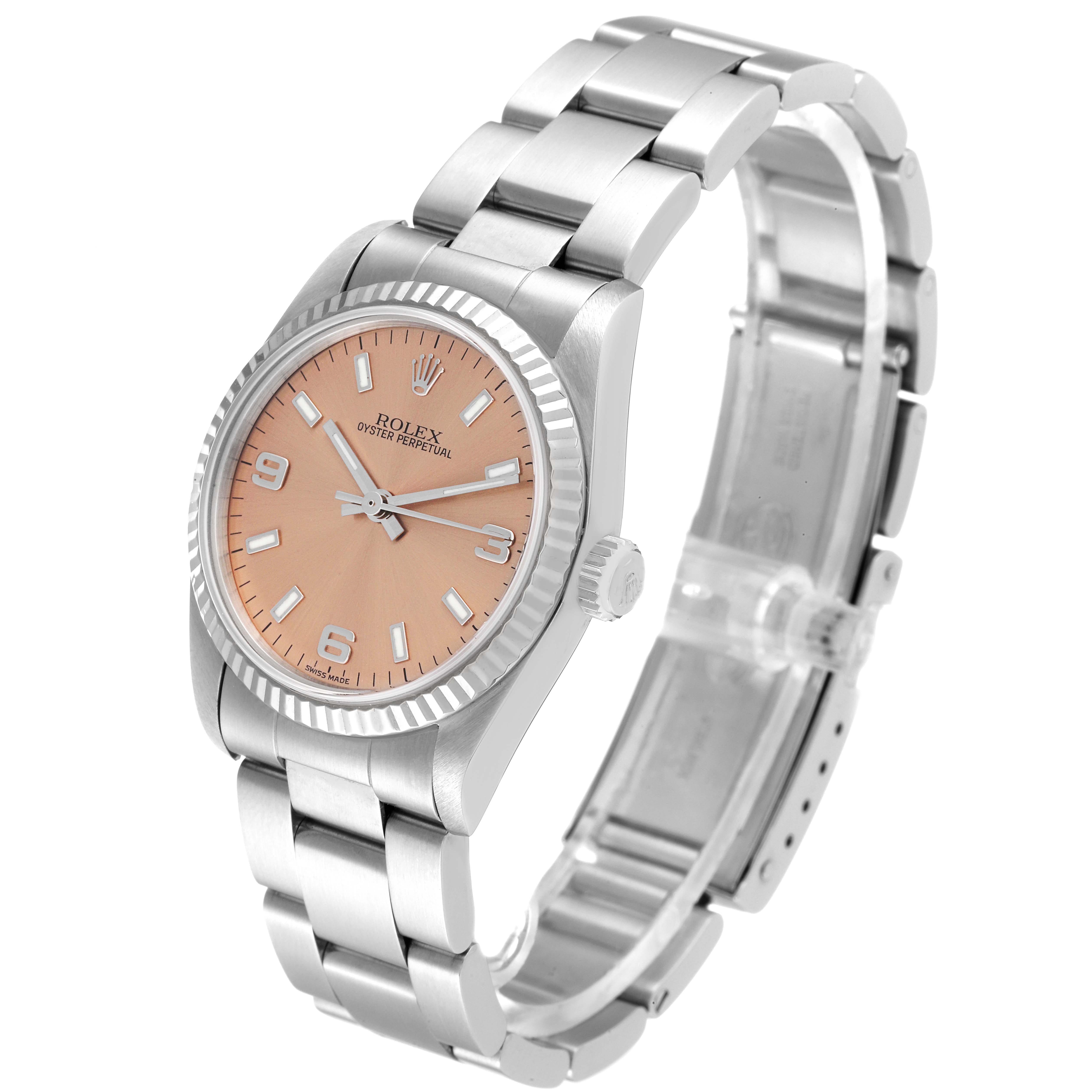 This image shows a Rolex Oyster Perpetual Mid-Size watch at a three-quarter angle, displaying the face, case, bezel, and bracelet.