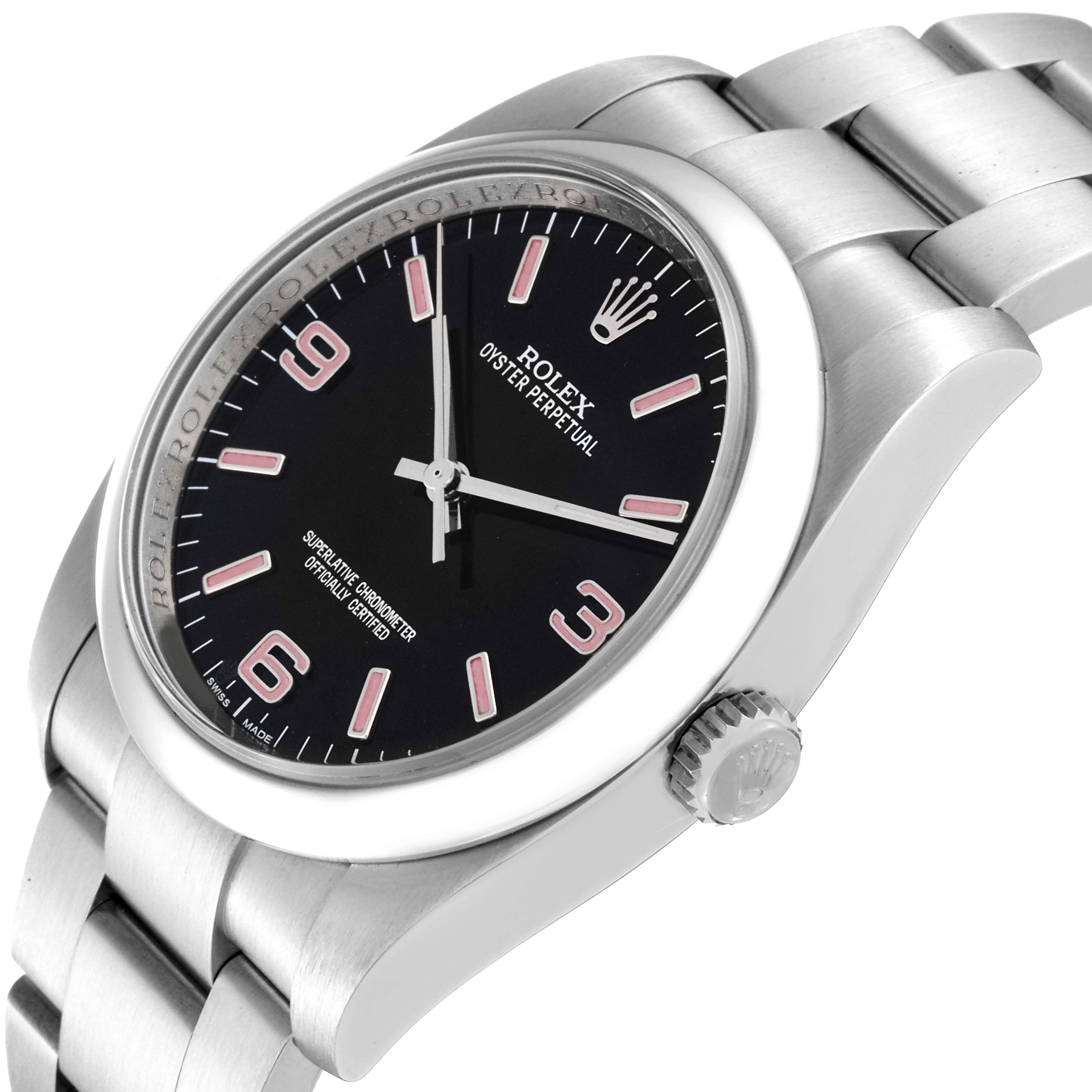 This image displays a side angle of a Rolex Oyster Perpetual 116000 Men's Stainless Steel Black Dial 116000 Men's Stainless Steel Black Dial watch, featuring its black dial, stainless steel case, and bracelet.