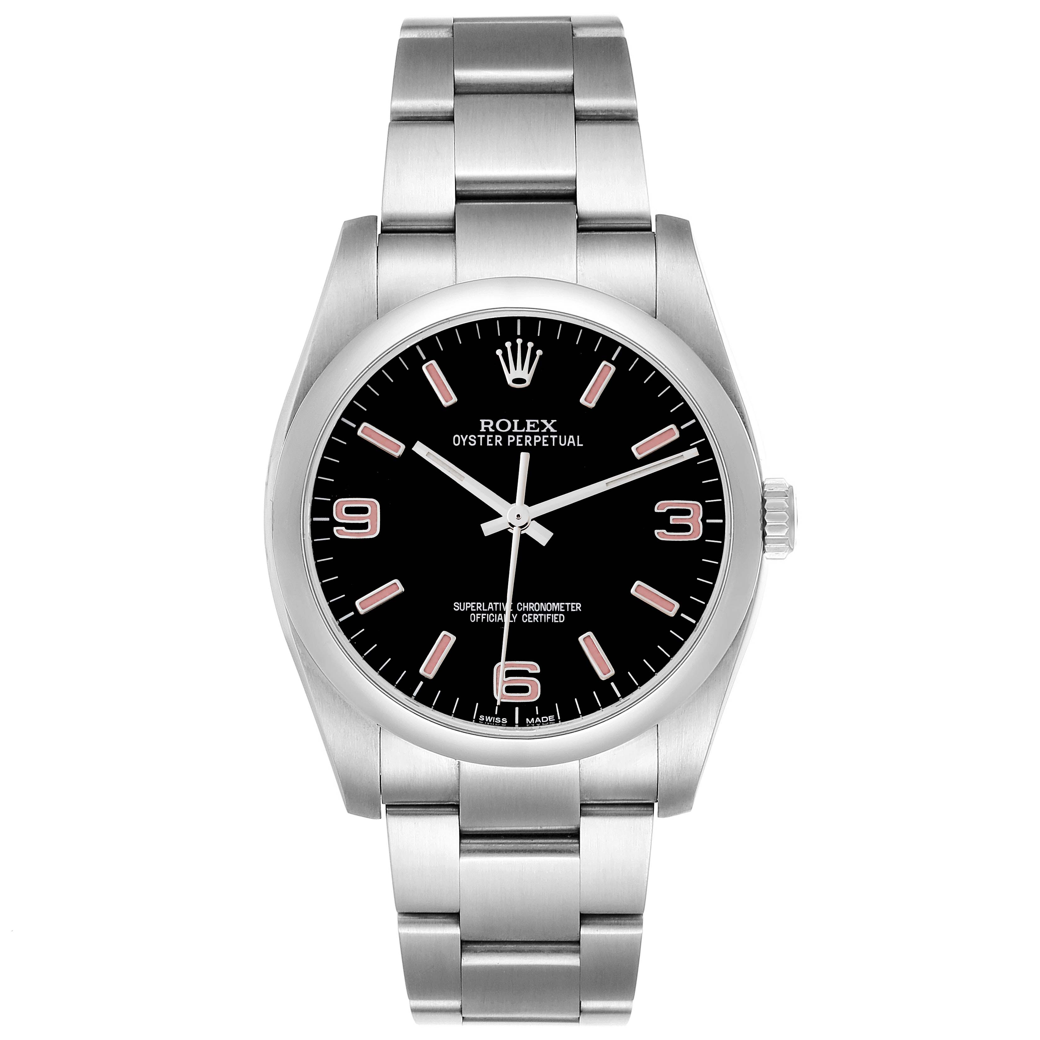 This image shows a front view of the Rolex Oyster Perpetual 116000 Men's Stainless Steel Black Dial 116000 Men's Stainless Steel Black Dial watch, highlighting the bracelet, case, dial, and crown.