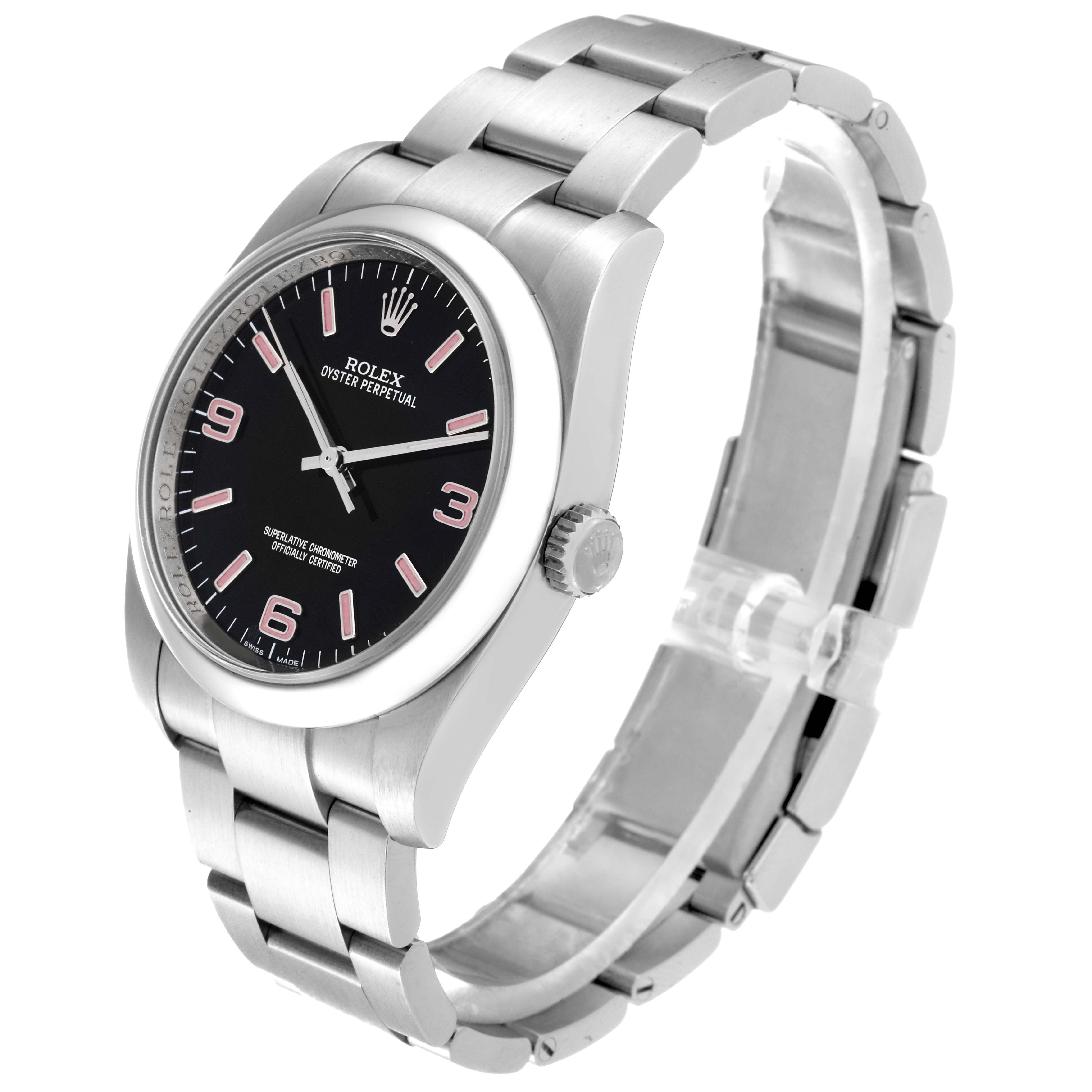 The image shows a side-angle view of a Rolex Oyster Perpetual 116000 Men's Stainless Steel Black Dial 116000 Men's Stainless Steel Black Dial watch, displaying its bracelet, case, crown, and dial.