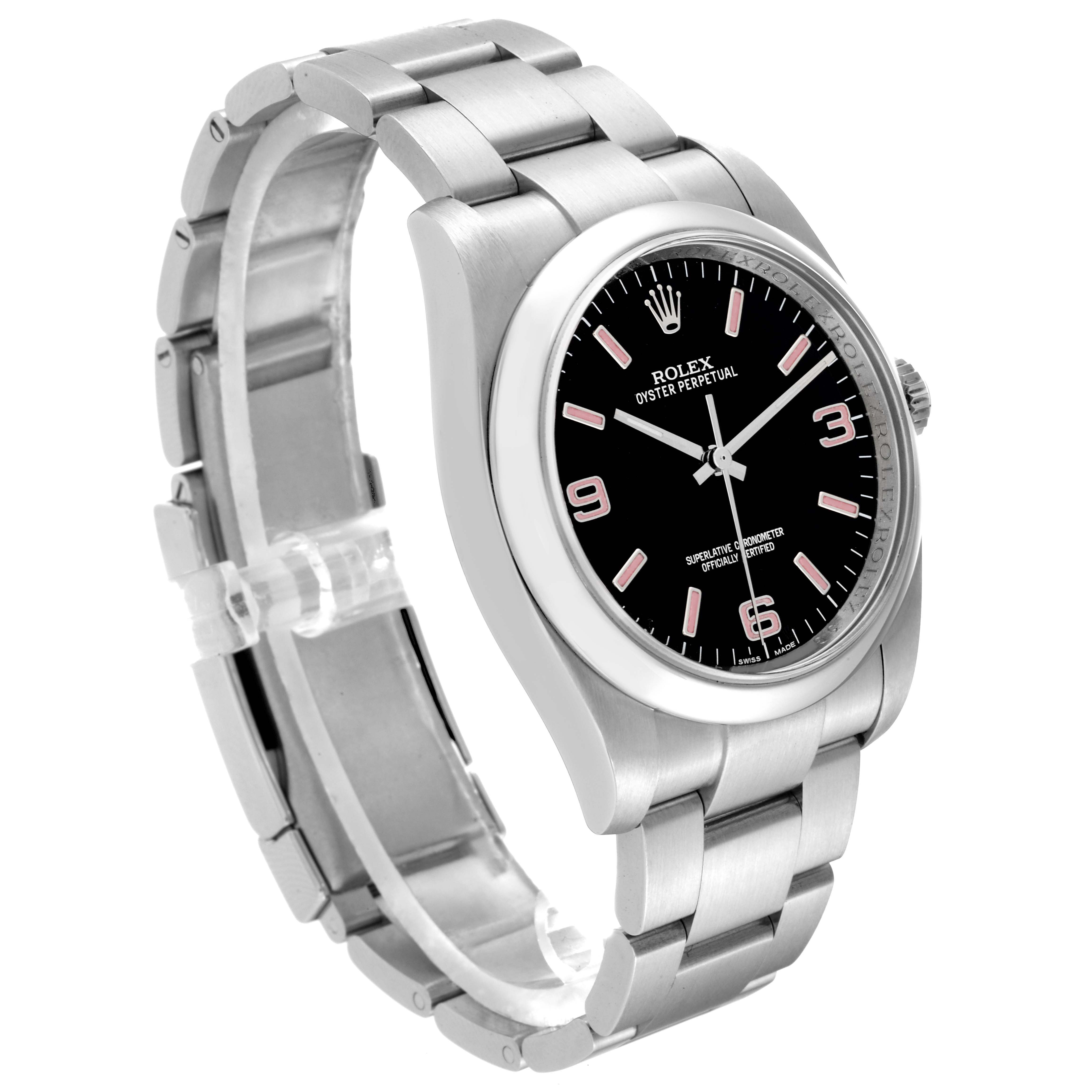 The image shows a side and partial top view of a Rolex Oyster Perpetual 116000 Men's Stainless Steel Black Dial 116000 Men's Stainless Steel Black Dial watch, displaying its black dial and stainless steel bracelet.