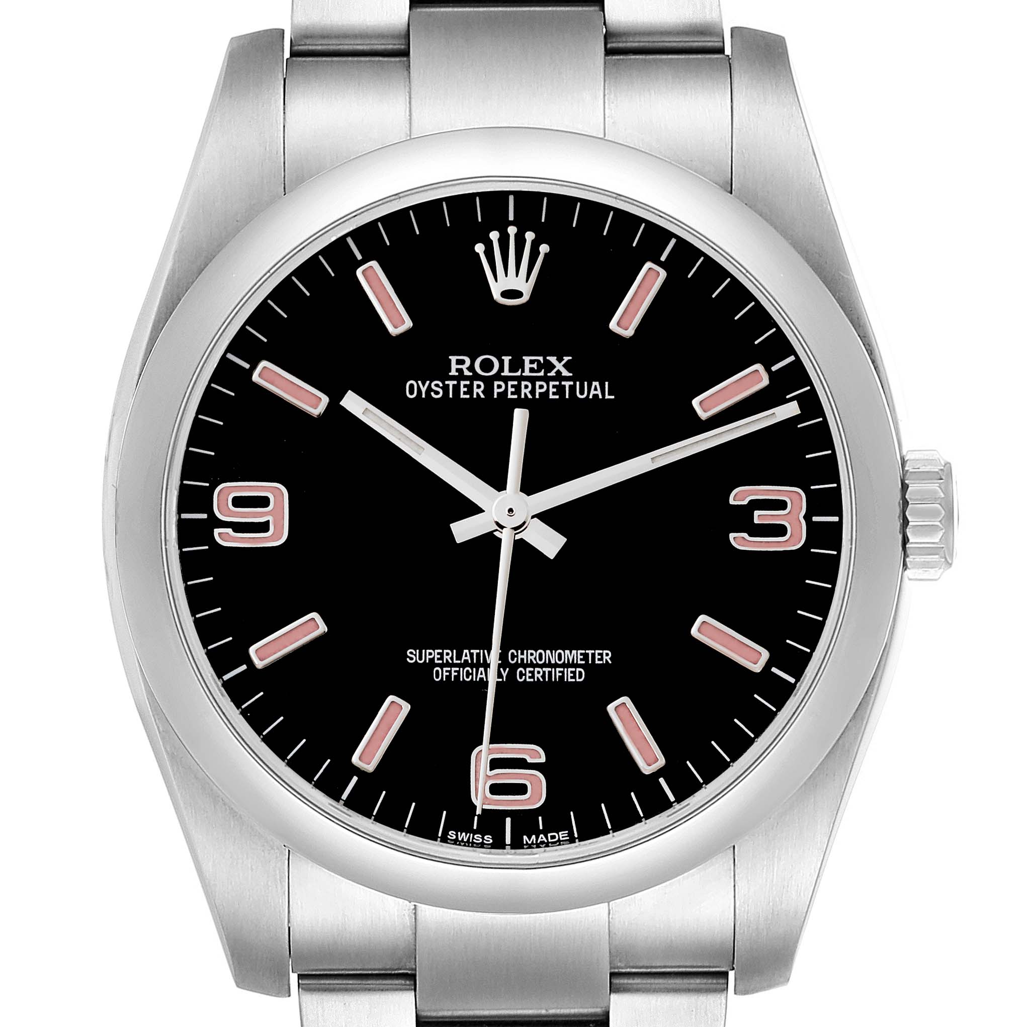 The image shows a frontal view of a Rolex Oyster Perpetual 116000 Men's Stainless Steel Black Dial 116000 Men's Stainless Steel Black Dial watch, highlighting its dial, bezel, and part of its metal bracelet.