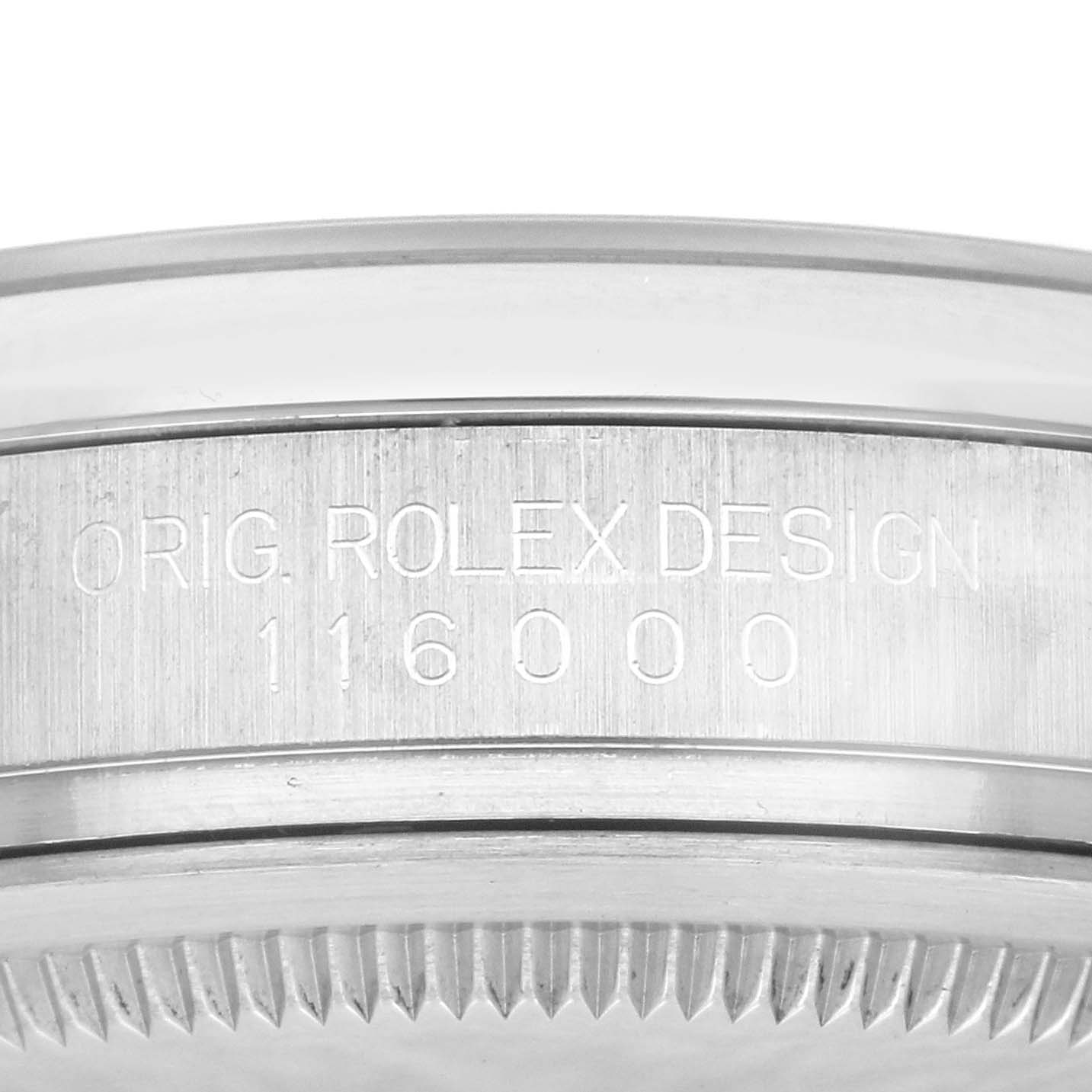 The image shows the side view of the case of an Oyster Perpetual Rolex watch, displaying the design engraving and model number 116000.
