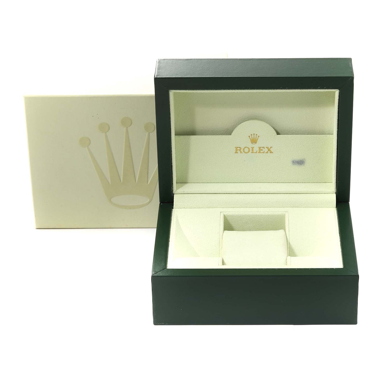 The image shows the open packaging box for a Rolex Oyster Perpetual 116000 Men's Stainless Steel Black Dial 116000 Men's Stainless Steel Black Dial, featuring its inner cushion and external cream-colored cover.